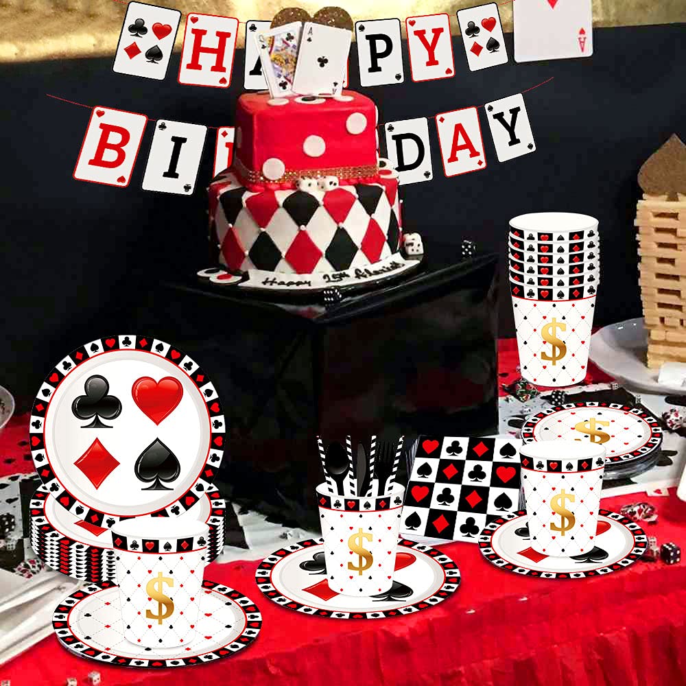45-Piece Poker Party Plates & Napkins Set with Birthday Banner - Casino & Vegas Themed Party Supplies, Queen of Hearts Decor for Poker Nights, Casino Birthday Parties, and Vegas-Themed Events