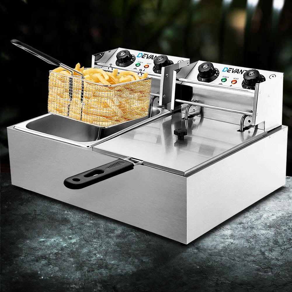 Devanti 20L Commercial Deep Fryer with Double Baskets - 4400W Electric Deep Fryer for Restaurants, Food Trucks & Catering - Perfect for Frying Chicken, Fish, Fries & More