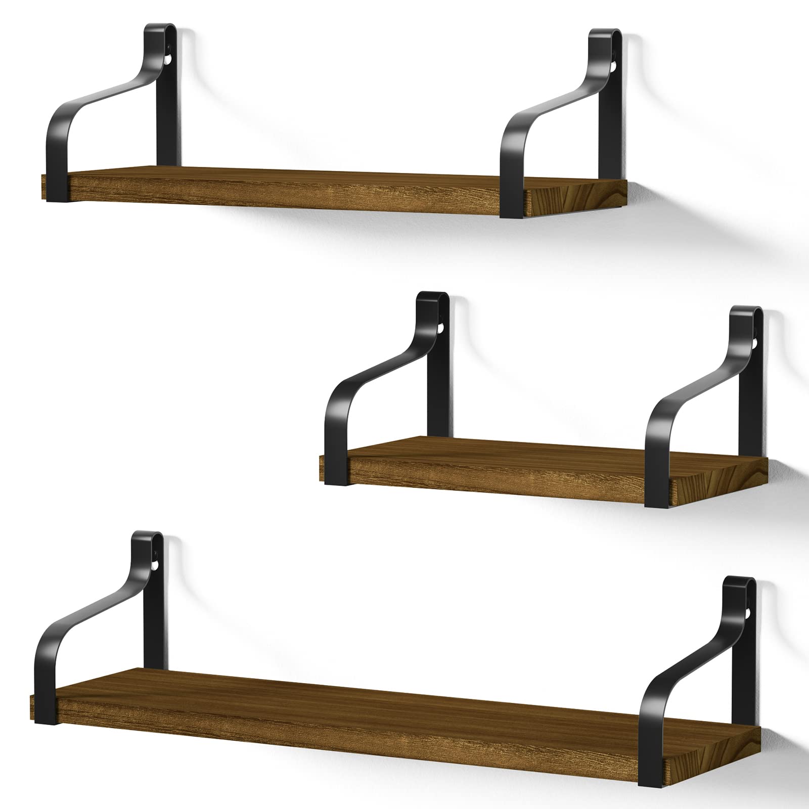 Love-KANKEI Floating Wall Shelves Set of 3 - Rustic Light Walnut Wood Storage Shelves for Bedroom, Living Room, Bathroom & Kitchen - Perfect for Displaying Decor, Books & Organizing Small Items