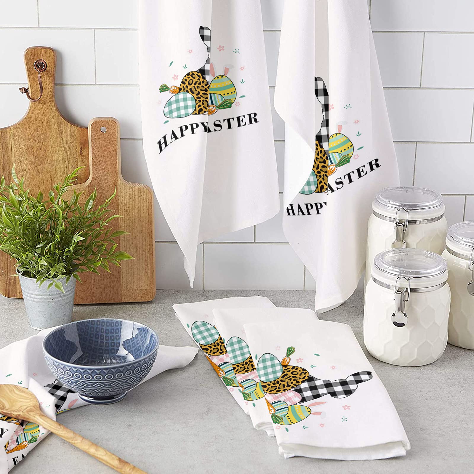 Easter Bunny Ears Carrots Kitchen Dish Towels Set of 2 - Soft Absorbent Microfiber Tea Towels with Spring Floral Leaves Design - 18x28 Inch Decorative Hand Towels for Kitchen, Bathroom & Easter Party Decorations