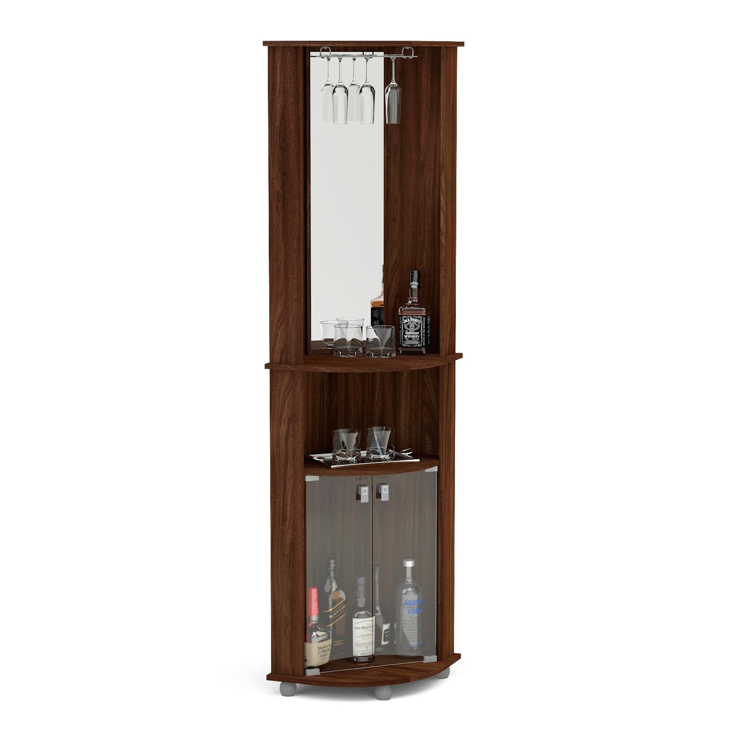 Boahaus Corner Bar Cabinet with Glass Rack - Luxurious 2 Glass Door Mirrored Wall Liquor Cabinet with Bottle Storage, Brown Finish - Perfect for Living Room, Dining Room & Home Bar Decor