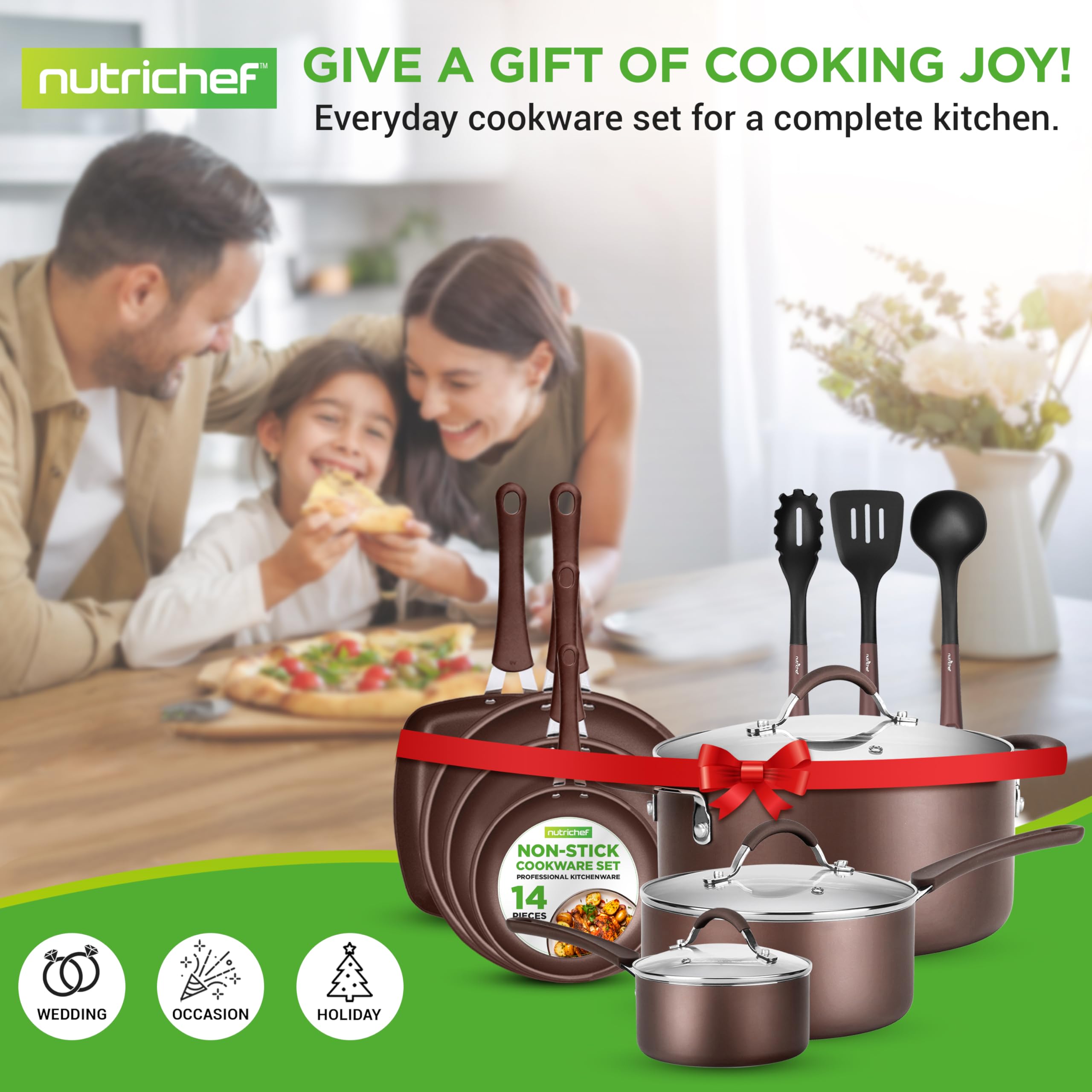 NutriChef 14-Piece Nonstick Brown Cookware Set - Scratch-Resistant Pots & Pans with Glass Lids & Utensils - Induction Compatible for Gas, Electric, Ceramic & Halogen Stoves - Perfect for Frying, Sautéing & Everyday Cooking