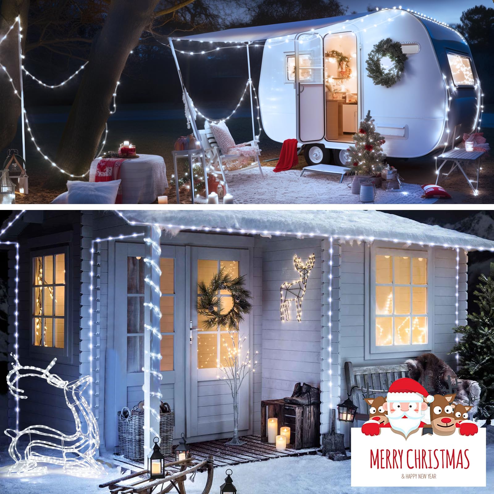 JMEXSUSS 100 LED Battery Operated Rope Lights - 33ft Outdoor Waterproof Christmas String Lights with Remote, 8 Lighting Modes - Perfect for Trampoline, Camping, Balcony, Canopy, Deck, Party & Holiday Decor (White)
