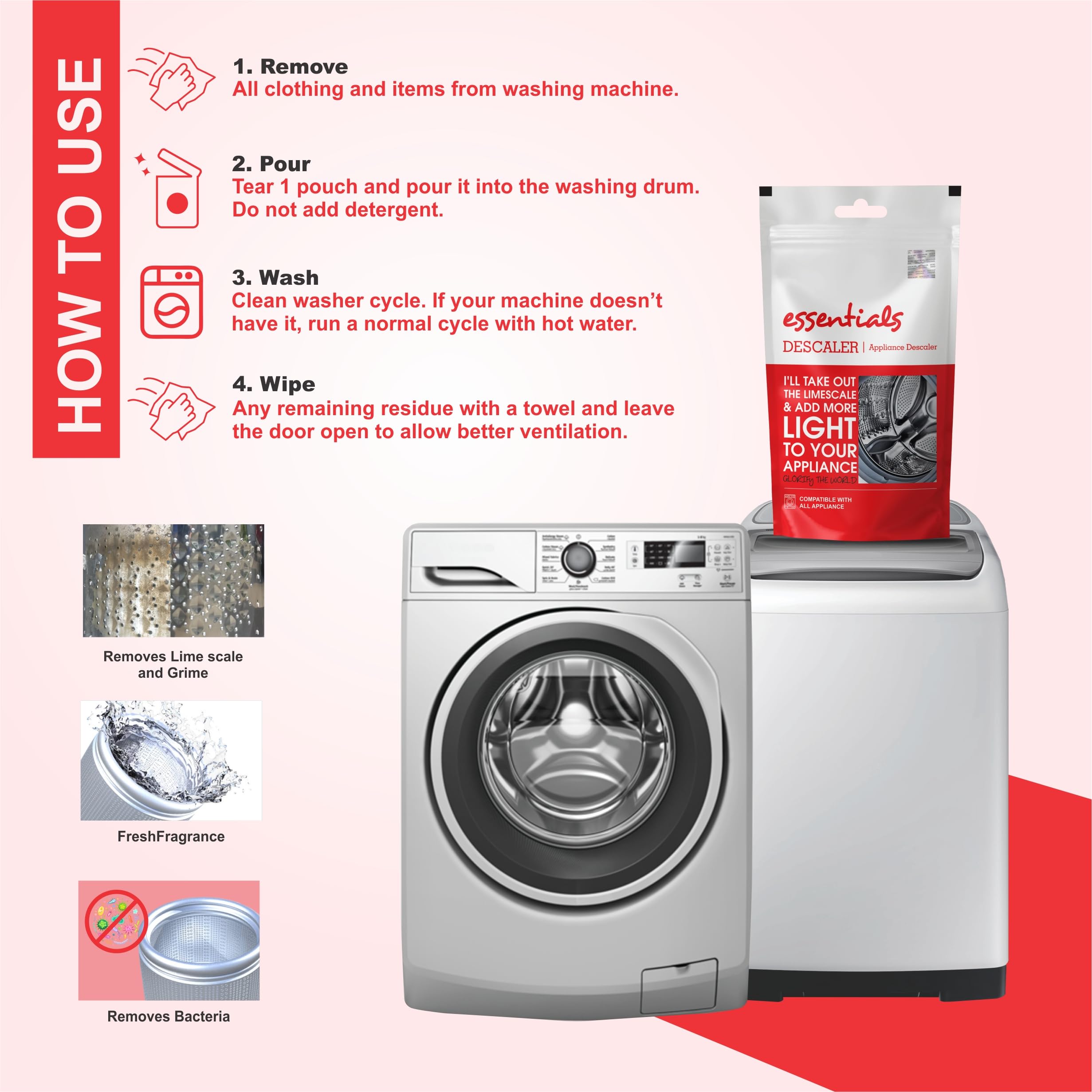 Washing Machine Cleaner & Descaler Powder - Front Load & Top Load Washer Detergent, Deep Cleaning & Descaling Formula (5-Pack) - Removes Odor, Mold & Residue for Fresh Laundry