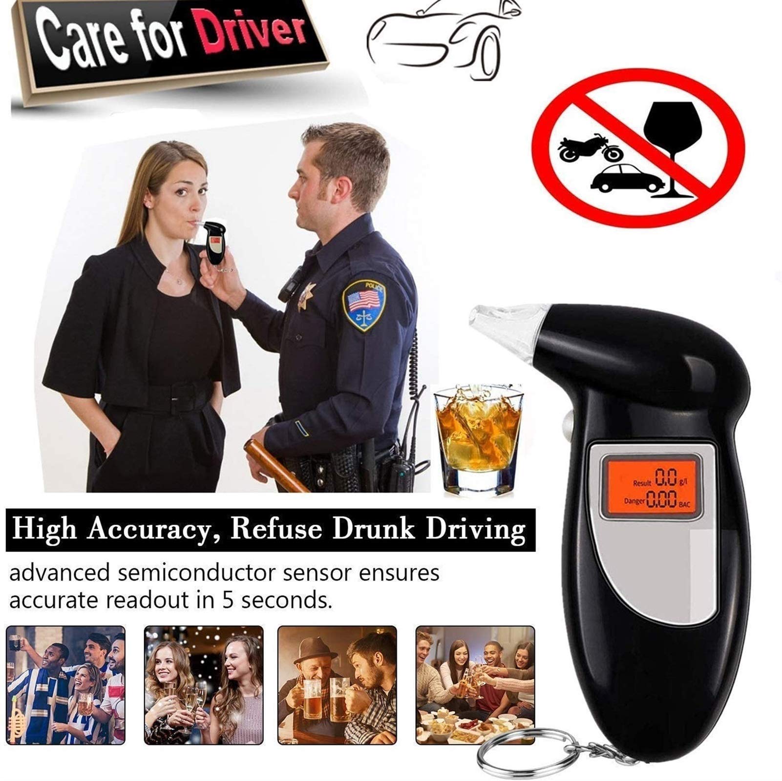 **Professional Portable Breathalyzer with Semi-Conductor Sensor & Large LCD Display - Accurate Alcohol Tester for Personal & Workplace Safety - Ideal for Drivers, Parties, and Health Monitoring**