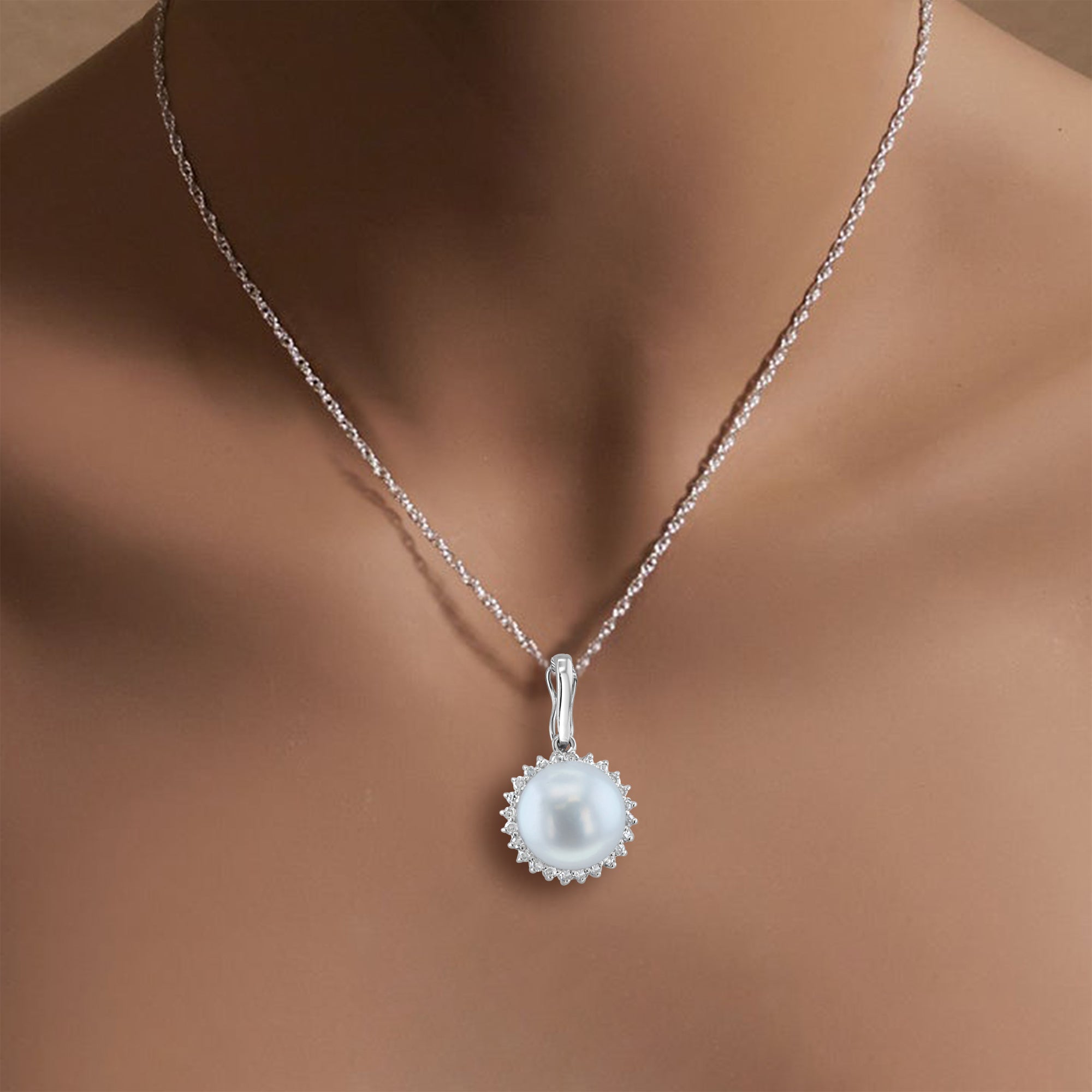 10MM Pearl Diamond Halo Necklace 14k White Gold - Elegant Bridal Jewelry for Weddings & Special Occasions