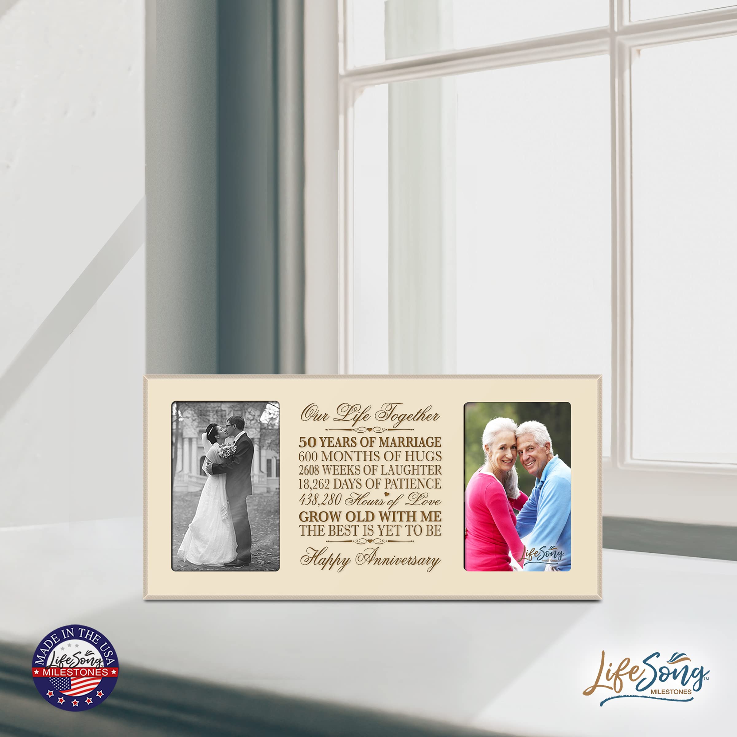 LifeSong Milestones 50th Anniversary Picture Frame - Golden Ivory Wedding Anniversary Gift with Engraved Dates - Perfect for Displaying Cherished Memories in Living Rooms or Bedrooms