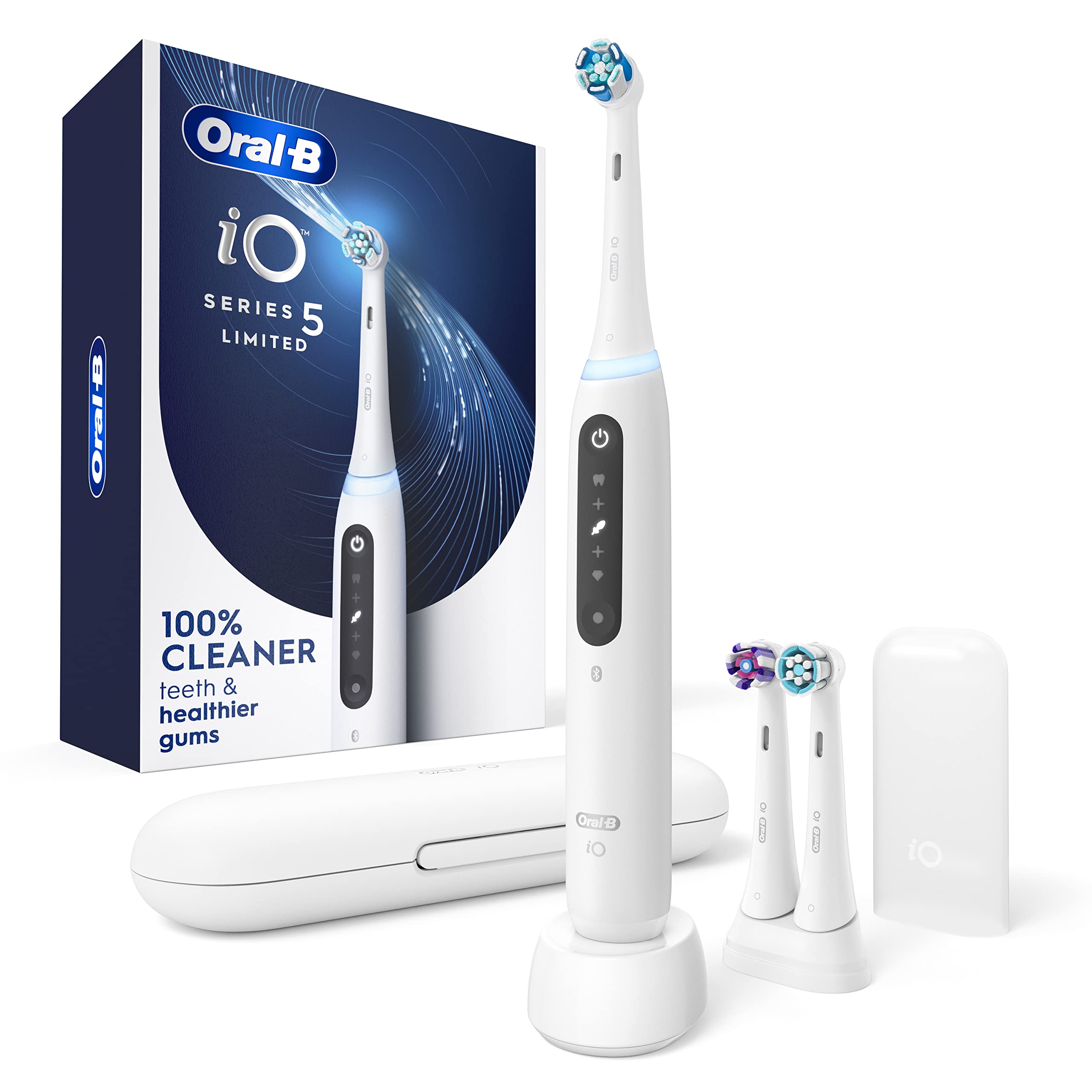 Oral-B iO5 Deep Clean + Whitening Rechargeable Electric Toothbrush with Pressure Sensor - 5 Modes, 2-Min Timer, 3 Brush Heads, Travel Case & Holder (White) - Perfect for Home Use, Travel & Teeth Whitening