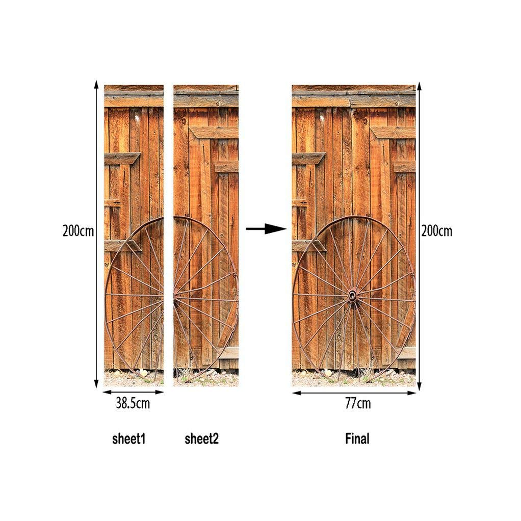 Rustic Western Country Grunge Wood Door Wheel 3D Print Vinyl Wall Decal - Eco-Friendly Removable Sticker for Barn, Garage & Home Decor | DIY Wall Art, Room Mural & Door Decoration