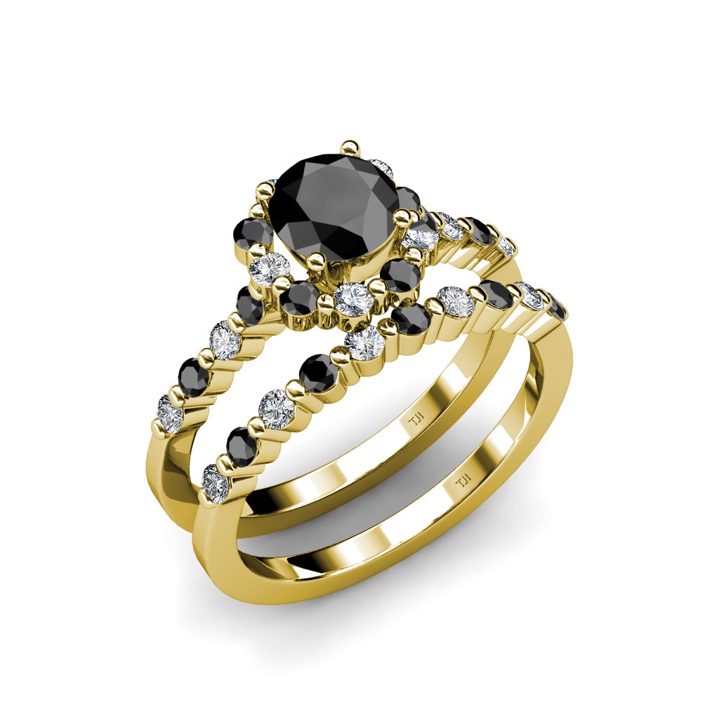 Black & White Natural Diamond Halo Bridal Set Ring & Wedding Band 1.55 ctw 18K Gold - Elegant Engagement Ring Set for Women, Perfect for Proposals, Anniversaries & Special Occasions
