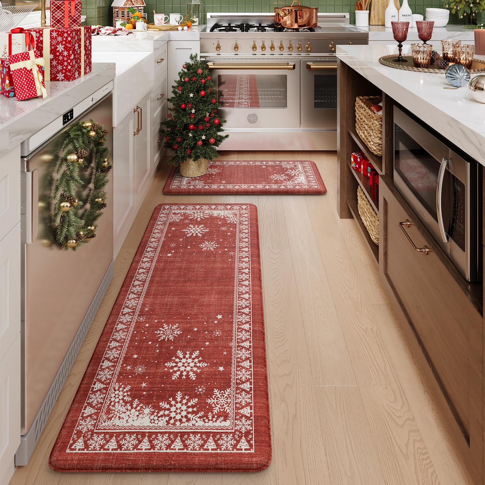 KIMODE Christmas Kitchen Mats Set of 2 - Anti Fatigue Memory Foam Floor Mats with Boho Red Snow Design, 17