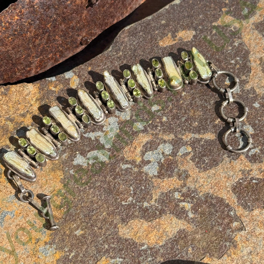 Elegant Sterling Silver Freshwater Pearl & Peridot Wide Panel Bracelet for Women | Dainty Jewelry Gift for Birthday, Anniversary & Special Occasions