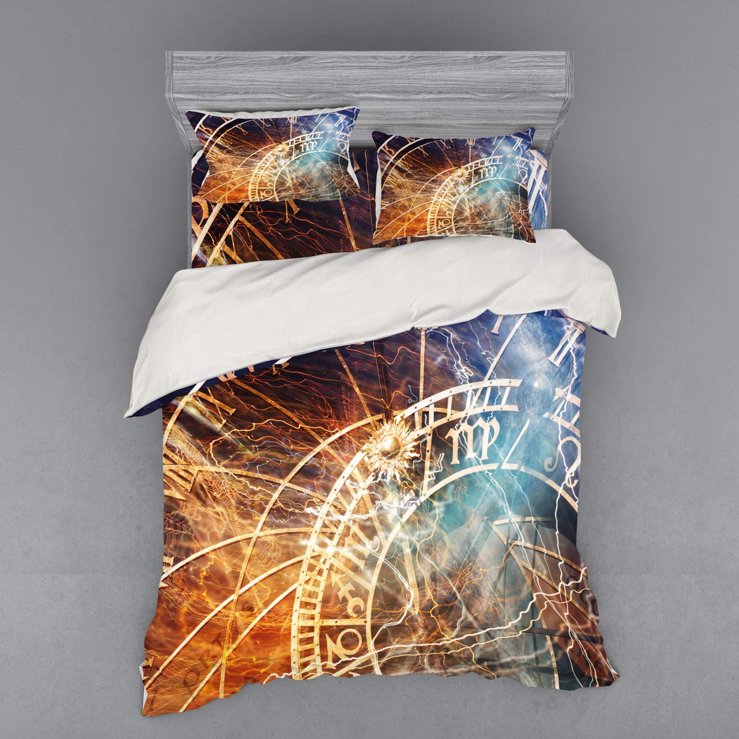 Ambesonne Astrology Bedding Set - 4 Piece Duvet Cover with Shams & Fitted Sheet, Queen Size, Multicolor Horoscope Clock & Prague Travel Design - Perfect for Bohemian Bedrooms & Zodiac Lovers