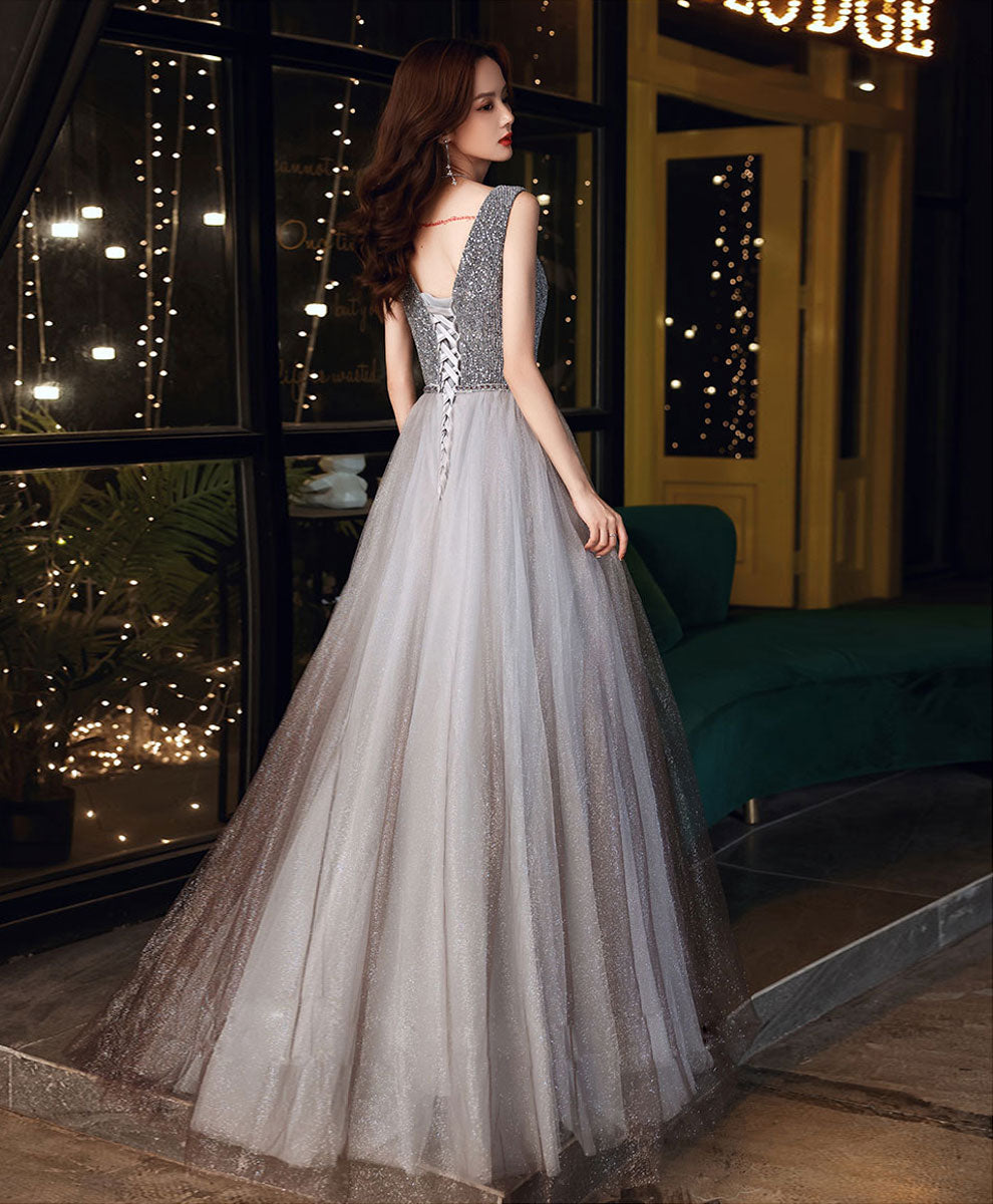 Elegant Gray Tulle V-Neck Sequin Long Prom Dress - Perfect for Formal Dances, Evening Galas & Special Occasions