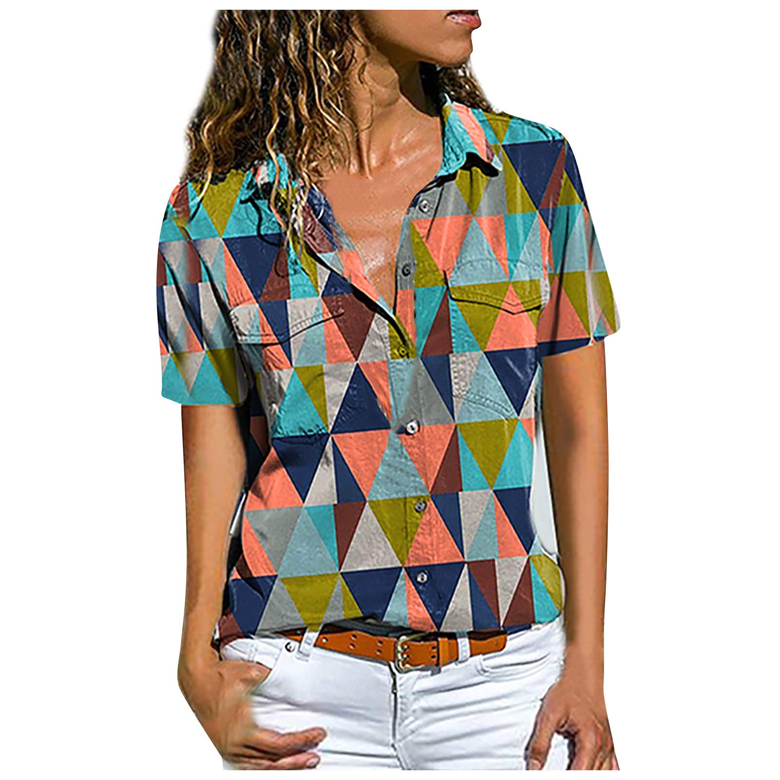 Women's Fashion Print V-Neck Button Pocket Short Sleeve Blouse - Vintage Elegant Casual Summer Tops for Work, Date & Vacation