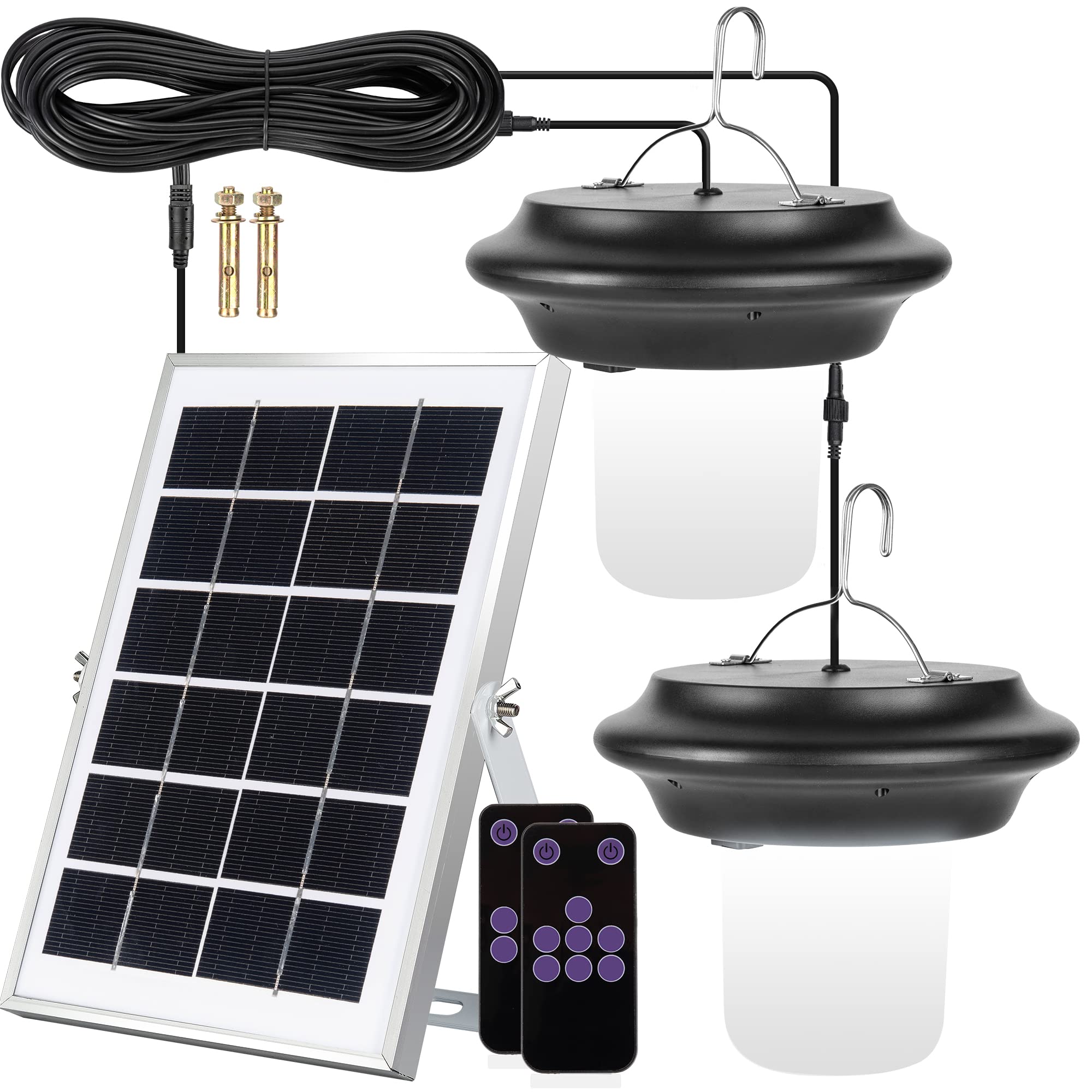 JACKYLED Solar Pendant Lights - Double Head Outdoor LED Shed Lights with Remote Control, Auto On/Off & Dimmable - Perfect for Pergola, Barn, Chicken Coop, Gazebo, Carport, Garage (Cool White) - Ideal for Nighttime Illumination and Security Lighting