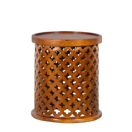 Handmade Carved Mango Wood Round Side Table with Intricate Jali Design - Natural Brown Finish | Perfect for Living Room, Bedroom, or Patio Decor