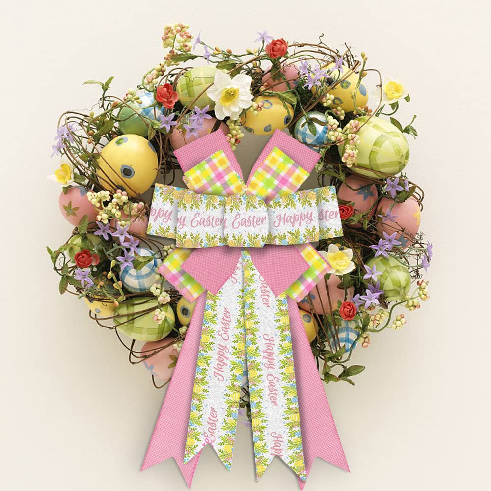 Large Easter Bows for Wreaths - White, Pink Burlap & Yellow Buffalo Plaid Bows - Spring Holiday Decor for Front Door, Easter Tree Topper, Party & Wreath Decoration