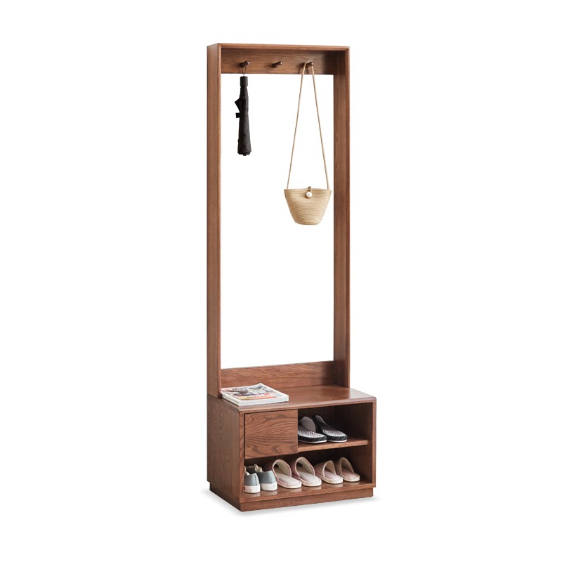 Solid Oak Wood Shoe Stool with Hanger - Space Saving Entryway Storage Cabinet for Shoes, Hats & Coats - Perfect for Small Apartments, Mudrooms & Closet Organization