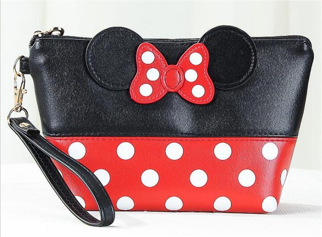 Minnie Mouse Polka Dot Cosmetic Bag - Waterproof Travel Makeup Pouch with Zipper for Women, Girls (Trapezoid, Red/Black) - Perfect for Travel, Gym, and Daily Essentials Storage