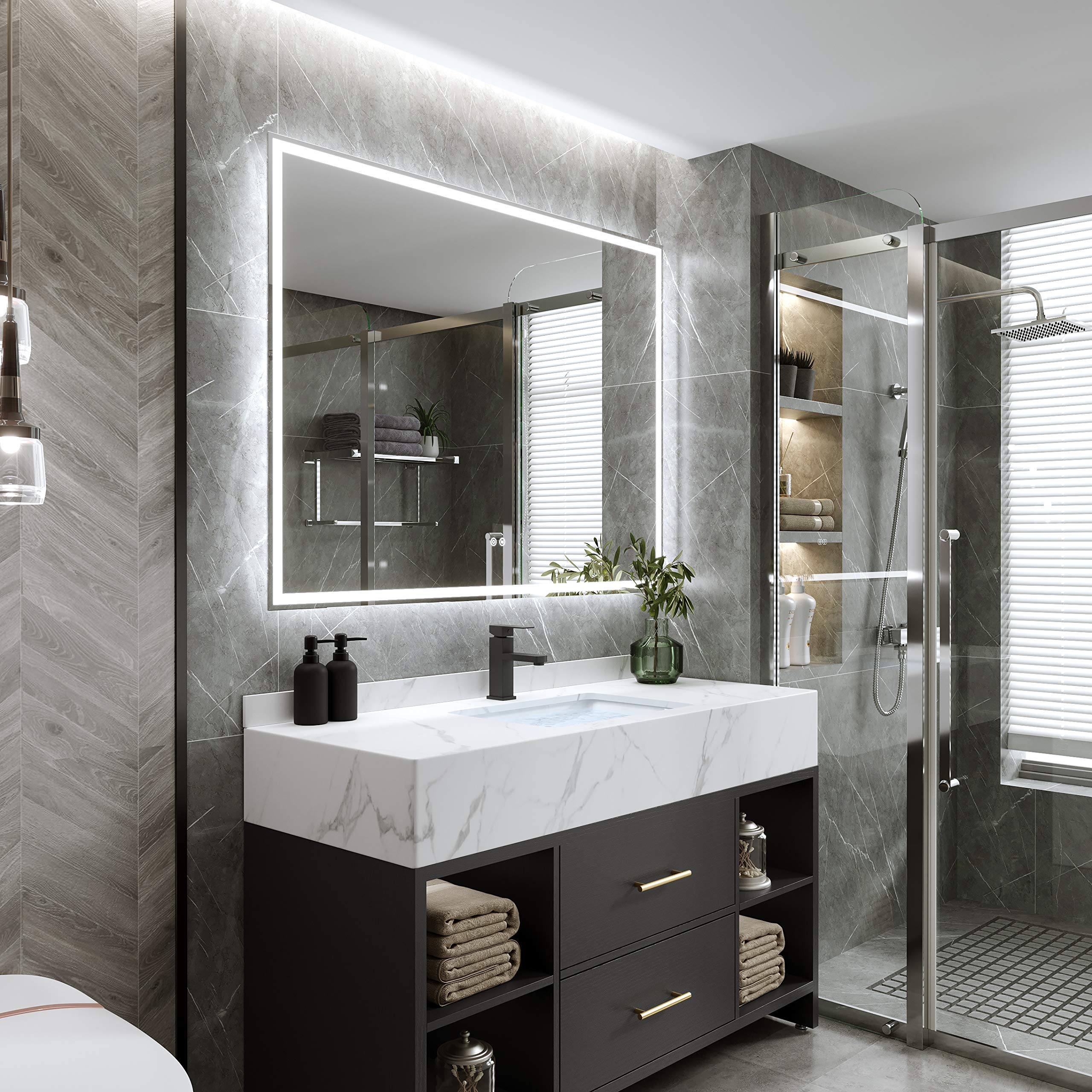 DecorVella 42 x 28 Inch LED Lighted Bathroom Mirror - Adjustable Warm/Natural/White Light, Dimmable Anti-Fog Backlit Wall Mounted Vanity Mirror for Makeup & Shaving (Horizontal & Vertical Mounting) - Perfect for Modern Bathrooms, Dressing Rooms & Salon Suites