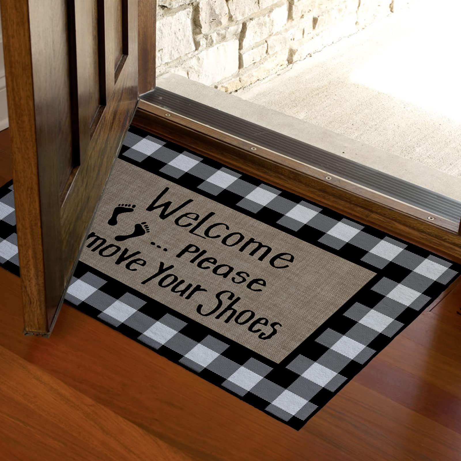 Non-Slip Absorbent Rubber Doormat - Washable Indoor Welcome Mat with 'Please Remove Shoes' Design - 24x16 Inch Black Checkered for Front Door, Entryway, Garage, RV & Backdoor - Perfect for High Traffic Areas & Muddy Shoes