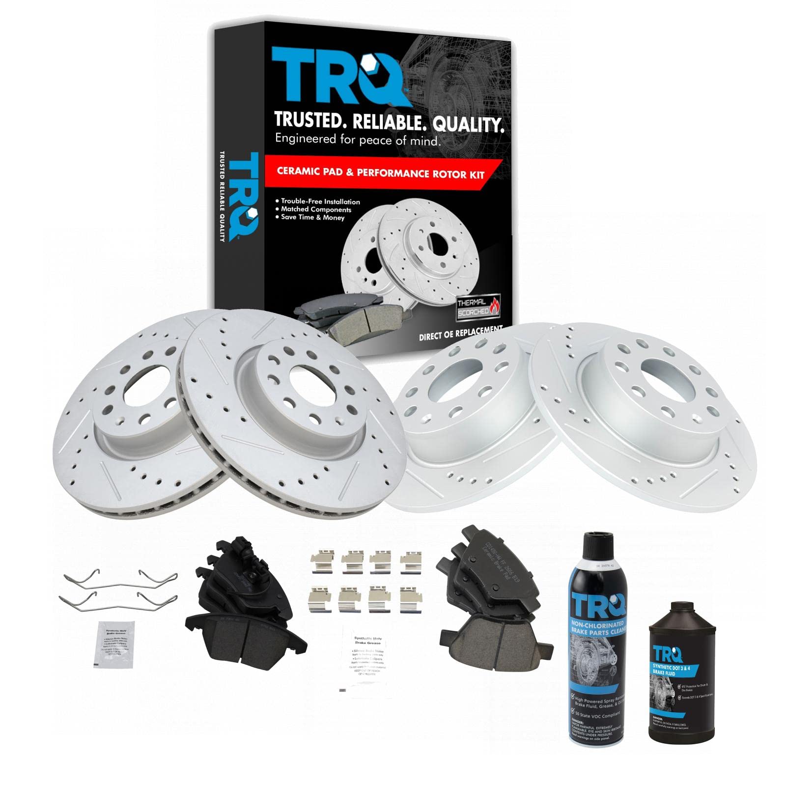 TRQ Premium Ceramic Brake Pads & Performance Rotor Kit - Front & Rear Set with Brake Cleaner - Perfect for High-Performance Cars, Trucks & SUVs - Smooth Stopping Power for Daily Commute & Racing