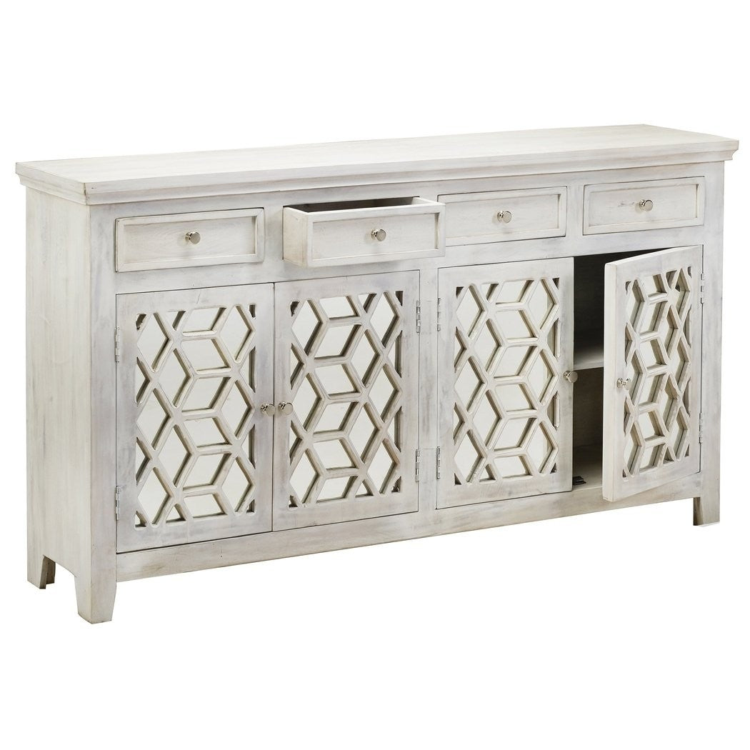 French Arched White Wash Mirrored Sideboard with 4 Drawers & 4 Doors - Elegant Entryway Console Table for Living Room, Bedroom & Hallway Storage