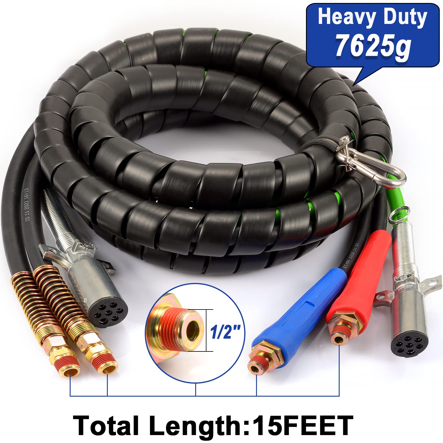 15ft 3-in-1 Wrap Air Power Line with 7-Way Glad Hand Air Hose | ABS Semi Truck Air & Electrical Hose Assembly for Tractor Trailers (TR813215) | Heavy-Duty Brake & Electrical System Connection for Long-Haul Trucks
