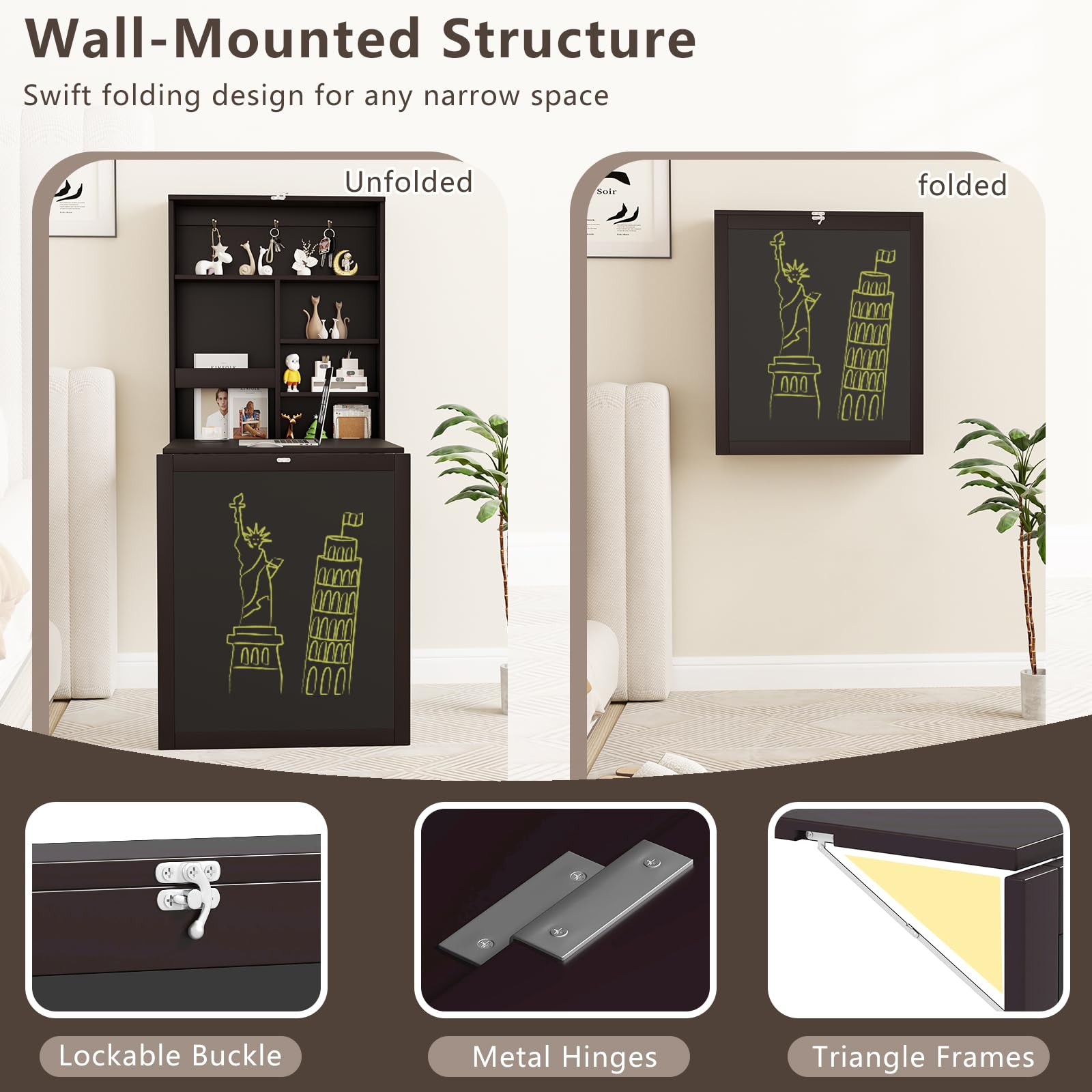 Tangkula Foldable Wall-Mounted Desk with Chalkboard - Space Saving Floating Desk with Storage Shelves & Hooks - Perfect for Home Office, Bedroom, Dorm Room & Small Spaces - Ideal for Remote Work, Study & Crafting