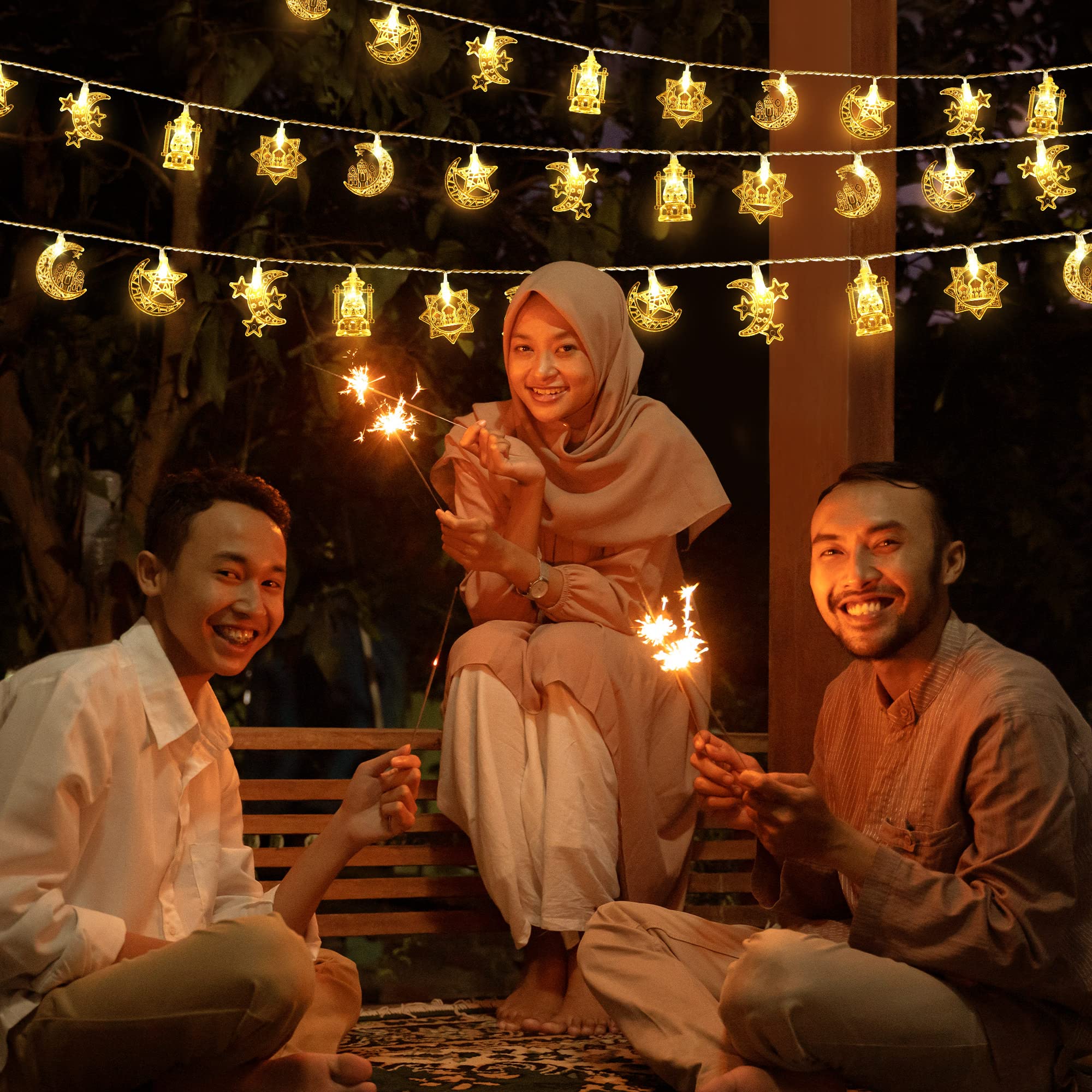 Hiboom 2 Pack 16 ft Moon Star Ramadan String Lights - 30 LED Battery Operated Fairy Lights with Remote Control for Ramadan & Eid Decorations (Warm White) - Perfect for Indoor/Outdoor Home, Garden, Party, and Festival Decor