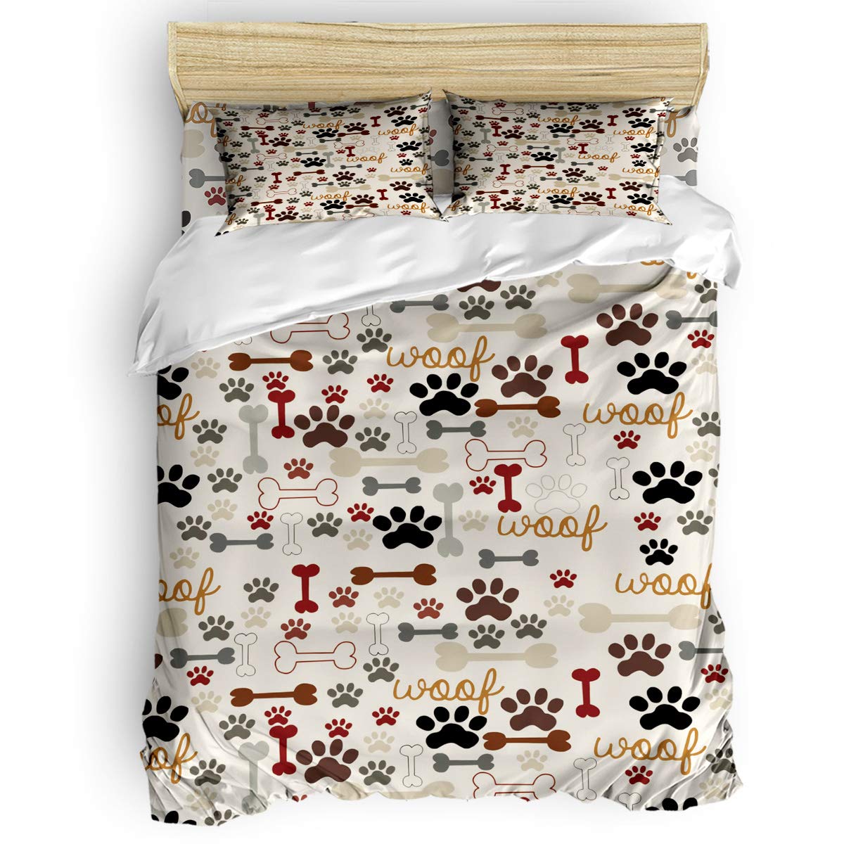 4-Piece Cartoon Dog Paws Bone Comforter Set - Queen Size Duvet Cover, Bed Sheets & Pillowcases for Kids, Teens & Adults | Soft & Cozy Bedding for Kids' Rooms, Guest Bedrooms & Dorm Decor