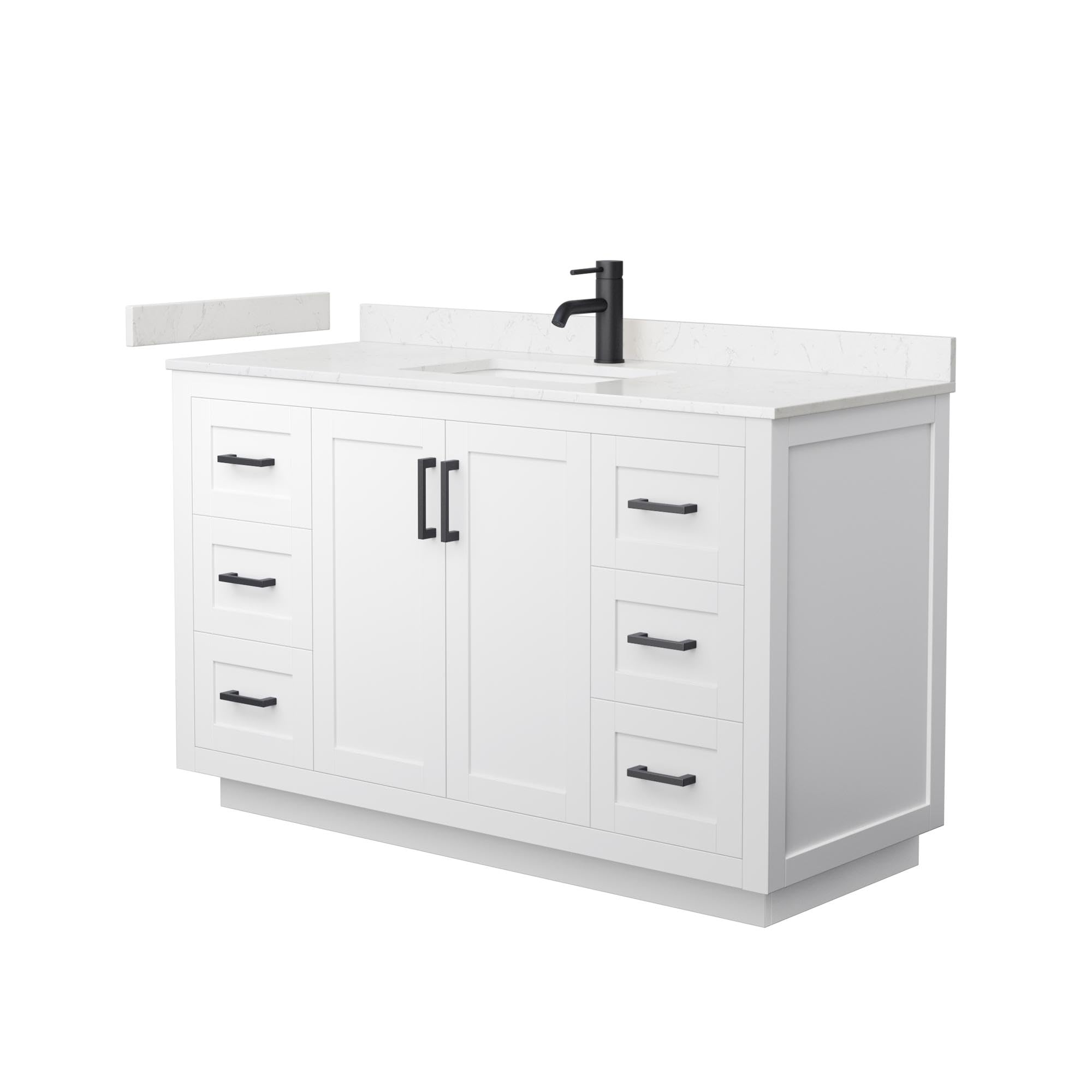 Wyndham Collection Miranda 54 Inch White Bathroom Vanity with Light-Vein Carrara Marble Countertop & Undermount Square Sink - Matte Black Trim for Modern Bathroom Remodeling & Home Upgrade