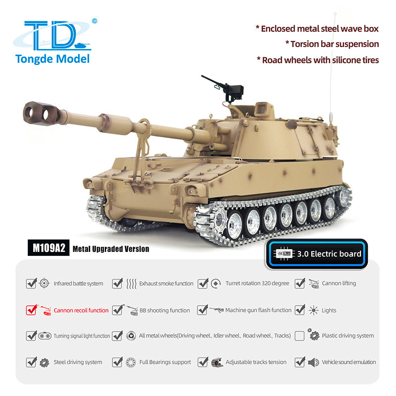 1/16 Scale M109A2 RC Military Tank - Metal Wheels, BB Shooting & Barrel Recoil - Remote Control Self-Propelled Howitzer for Hobbyists & Collectors - Perfect for Outdoor Battles & Military Display