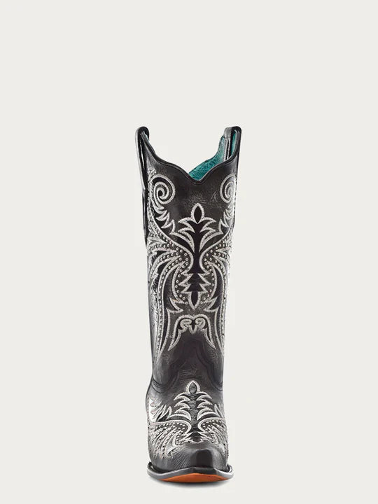 Z5209 Women's White Embroidered Cowboy Boots with Black Overlay & Studs - Stylish Western Boots for Country Dancing, Rodeo & Casual Wear