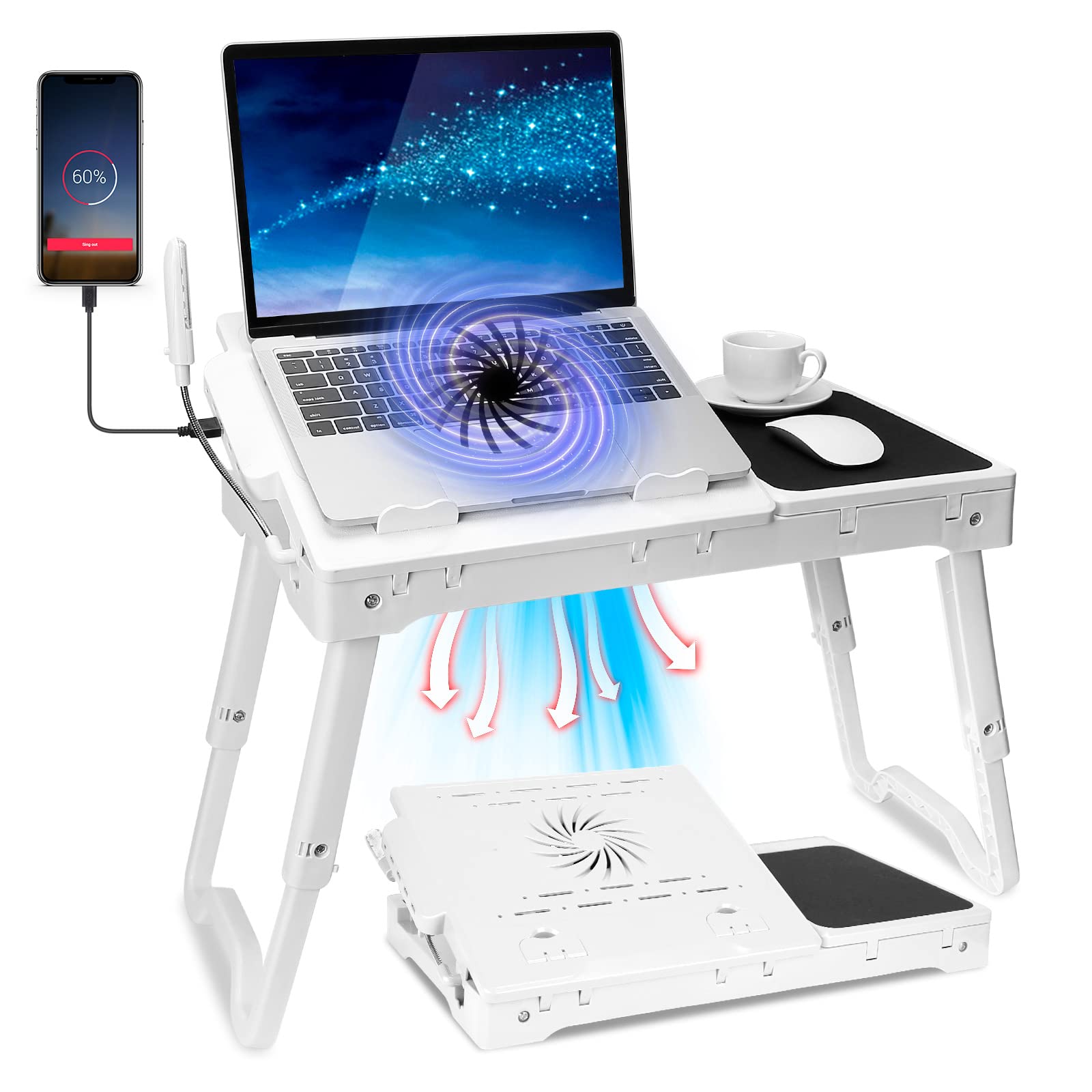 Adjustable Laptop Stand for Bed - Foldable Portable Lap Desk with Cooling Fan & 4 USB Ports - Lightweight Bed Table for Reading, Writing, Working on Couch, Sofa or Floor (White) - Perfect for Home Office, Dorm Room & Travel Use