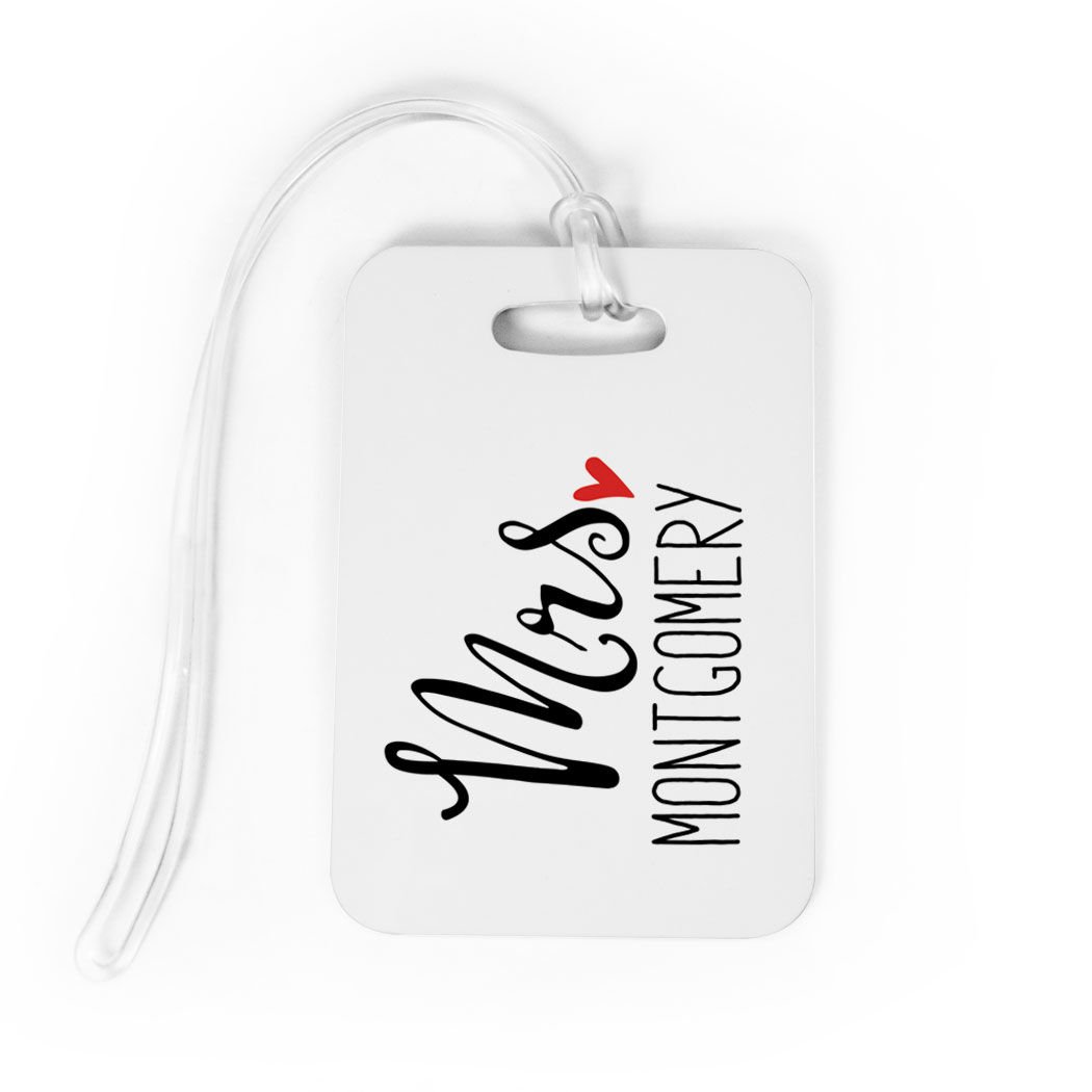 Custom Personalized Luggage Tags for Women - Elegant Mrs. Design with Standard Back Lines - Medium White Bag Tags for Travel & Suitcases | Perfect for Airports, Cruises & Business Trips