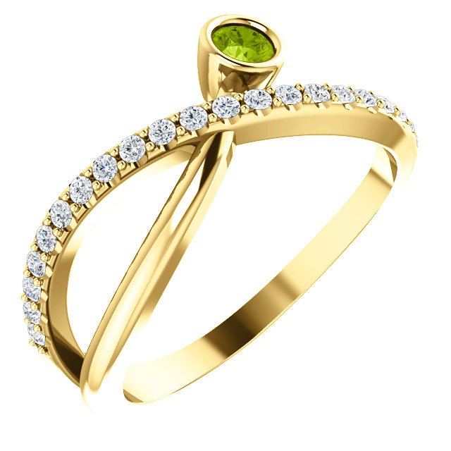 14KT Gold Criss Cross Bezel Set Ring with 0.13 CT Peridot & 0.20 CTW Diamonds - Elegant Jewelry for Weddings, Anniversaries & Special Occasions