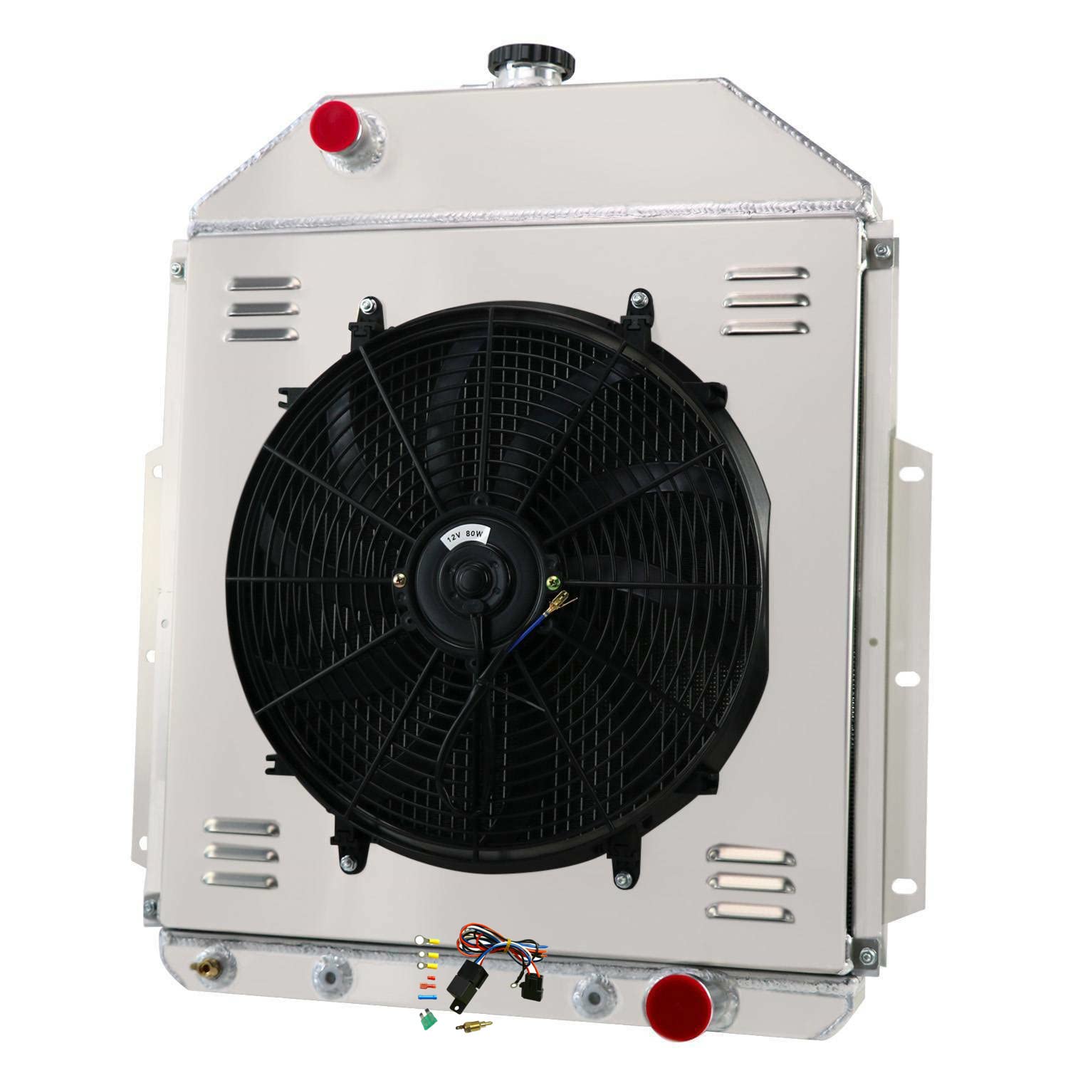 All Aluminum Radiator Cooler for Ford F1 F2 F3 Pickup Truck 1942-1952 & Chevy V8 Engine - 4 Row Radiator with Shroud Fan Relay Kits - Heavy Duty Cooling Solution for Classic Truck Restoration & Hot Rod Performance