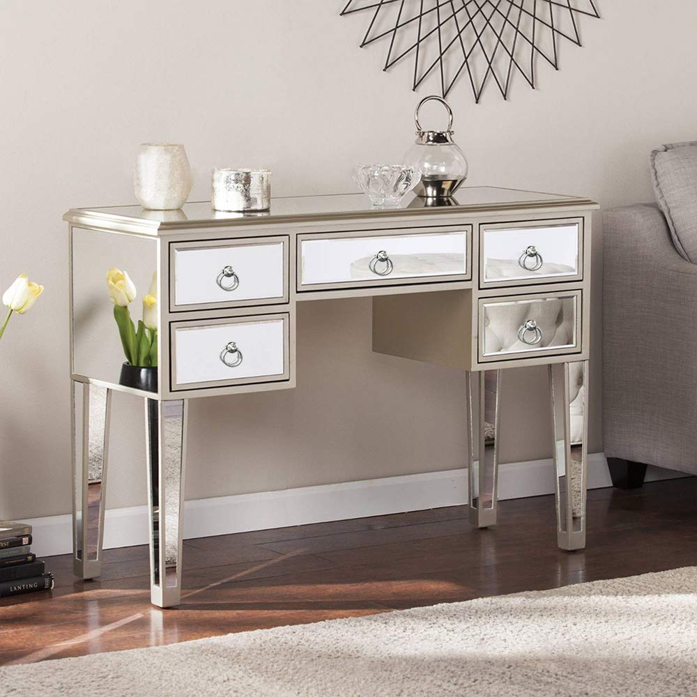 Mirrored Console Table with 5 Drawers - Silver Vanity Desk for Makeup & Home Office - Modern Writing Desk with Smooth Finish & Ring Knobs - Perfect for Bedroom, Living Room & Dressing Area
