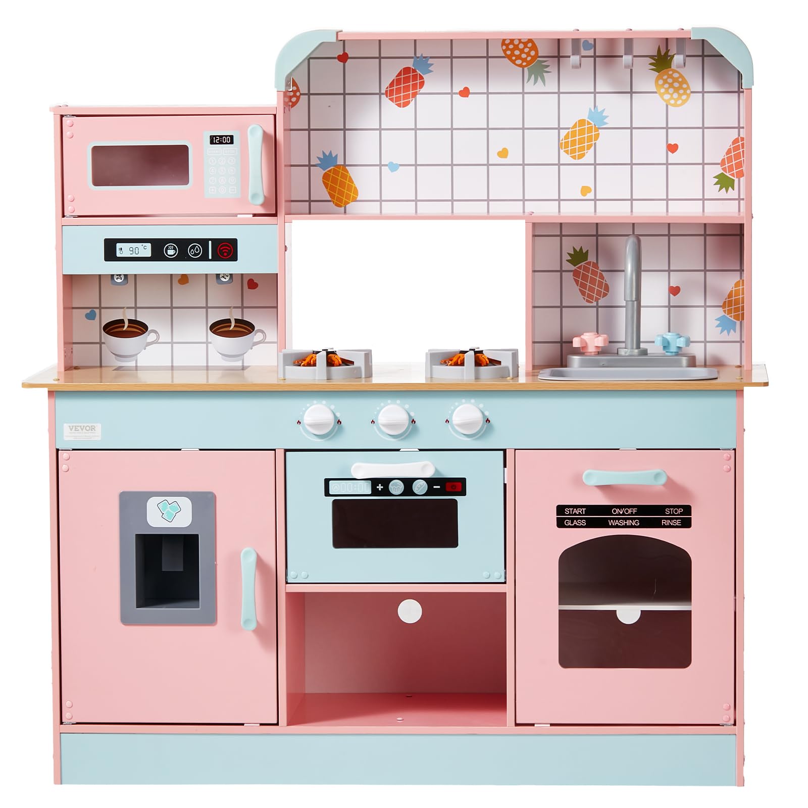 VEVOR Wooden Play Kitchen Toy for Kids Ages 3-8 - Interactive Pretend Play Set with Lights, Sounds, Ice Maker, Oven, Sink, Microwave & Fridge - Includes Utensils & Fruit Accessories - Perfect for Imaginative Play, Role-Playing & Early Learning (Pink)