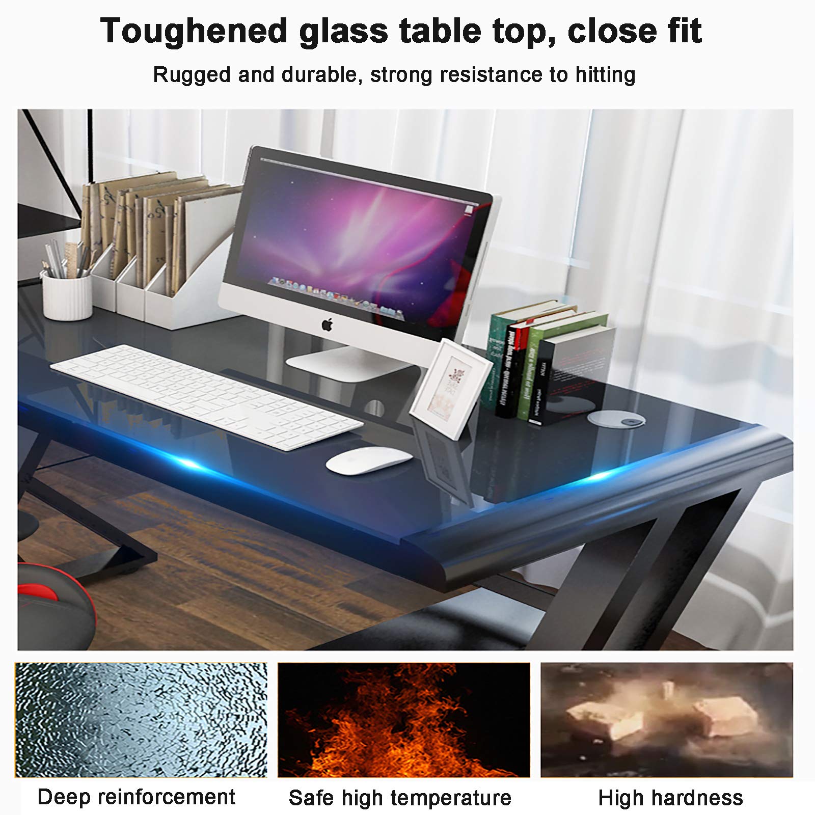 Premium Glass Top & Metal Frame Computer Desk - Ergonomic Z-Shaped Gaming Table for Esports & Home Office - Racing Style Workstation for Gamers & Professionals (Ideal for Gaming, Work, Study & Small Spaces)