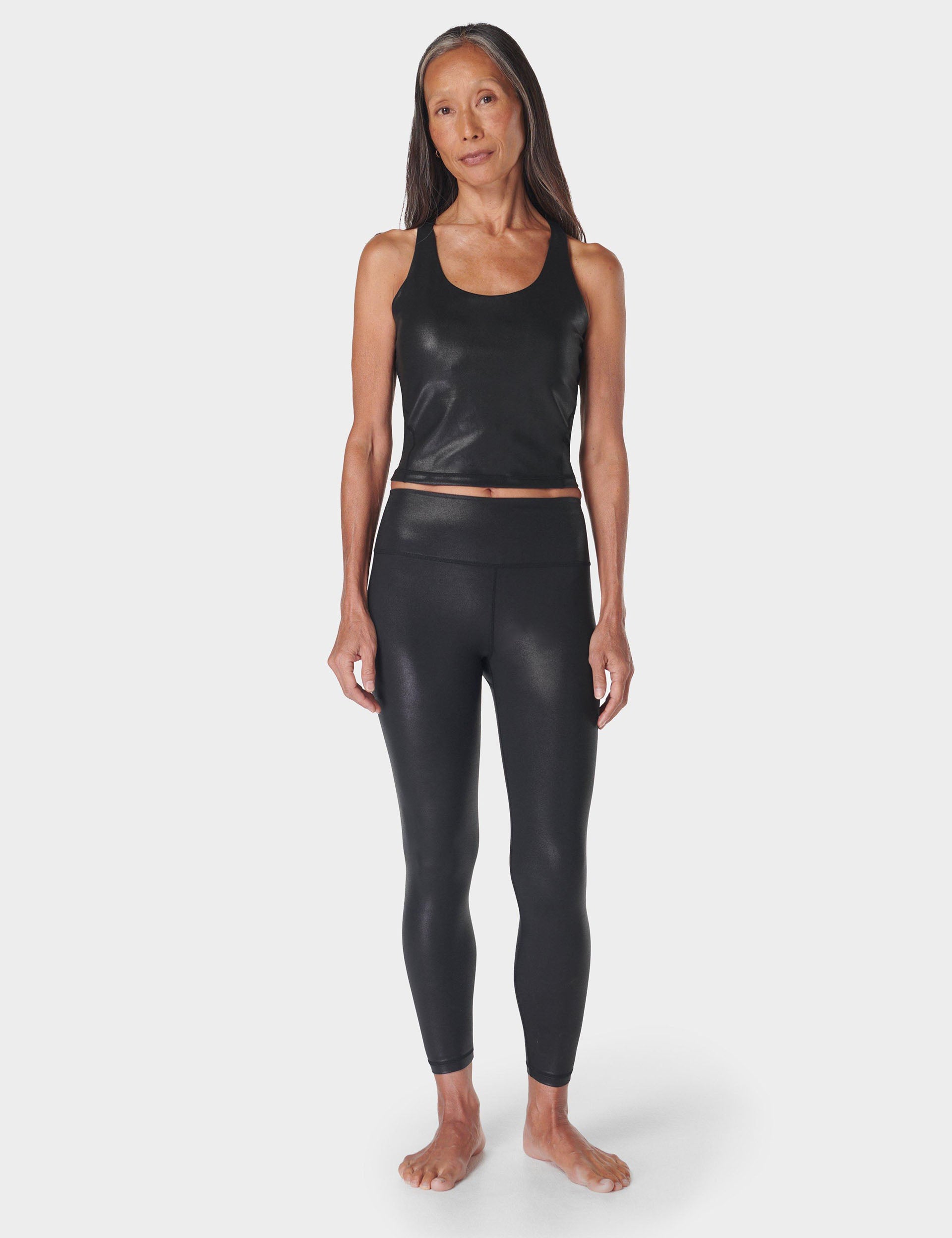 Glow Shine High Waist 7/8 Yoga Leggings for Women - Black | Moisture-Wicking & Stretchy Workout Pants for Running, Gym & Lounge