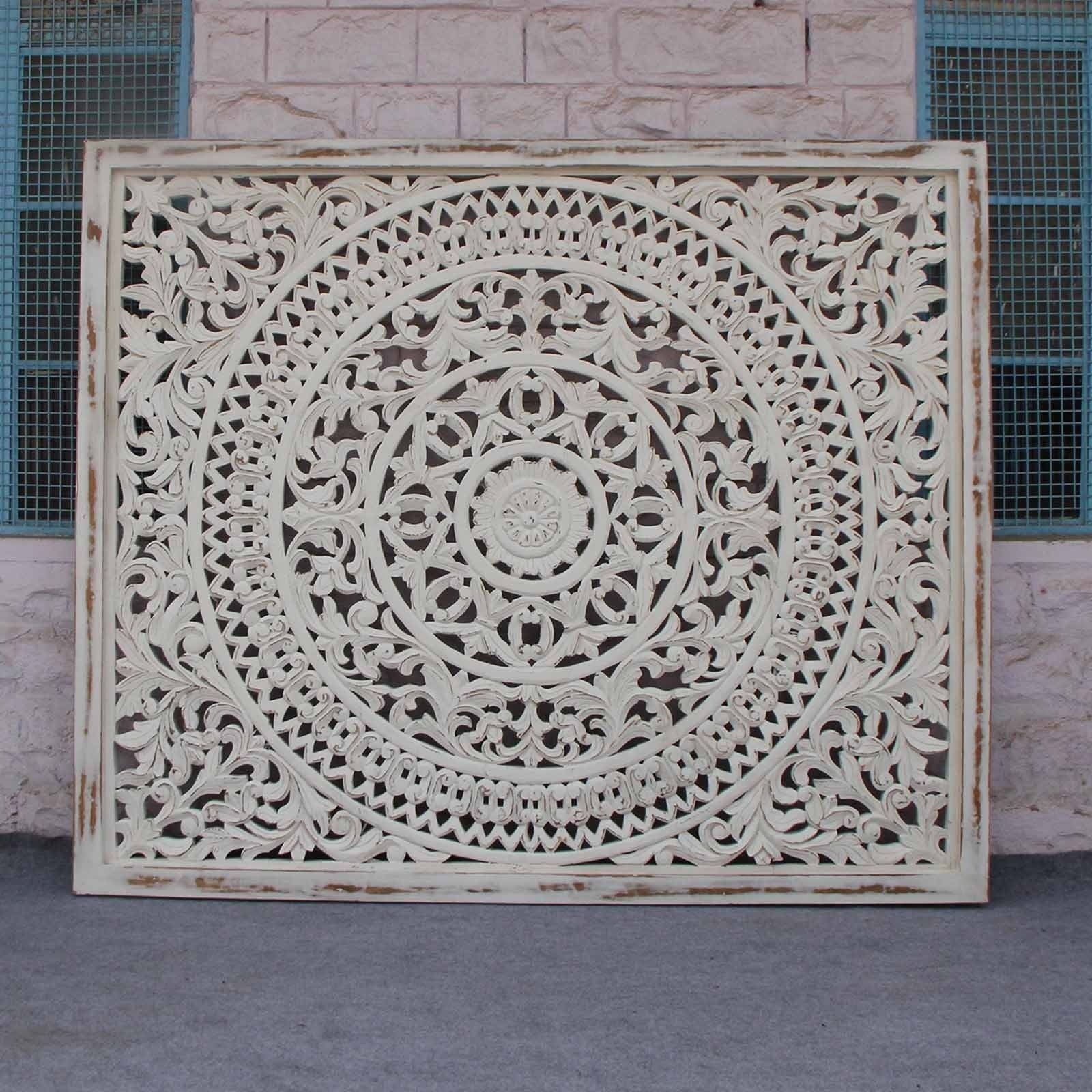 Handcrafted Dynasty Carved Panel Bed Headboard - Distressed Whitewash Finish for Farmhouse & Rustic Bedroom Decor | Perfect for Master Bedroom, Guest Room & Cozy Retreat