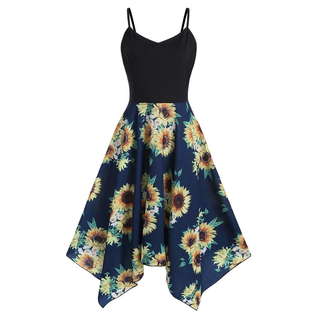 iQKA Women's Sunflower Print Mini Dress - Plus Size Asymmetric Camis Summer Beach Dress for Vacation, Pool Party & Casual Outings