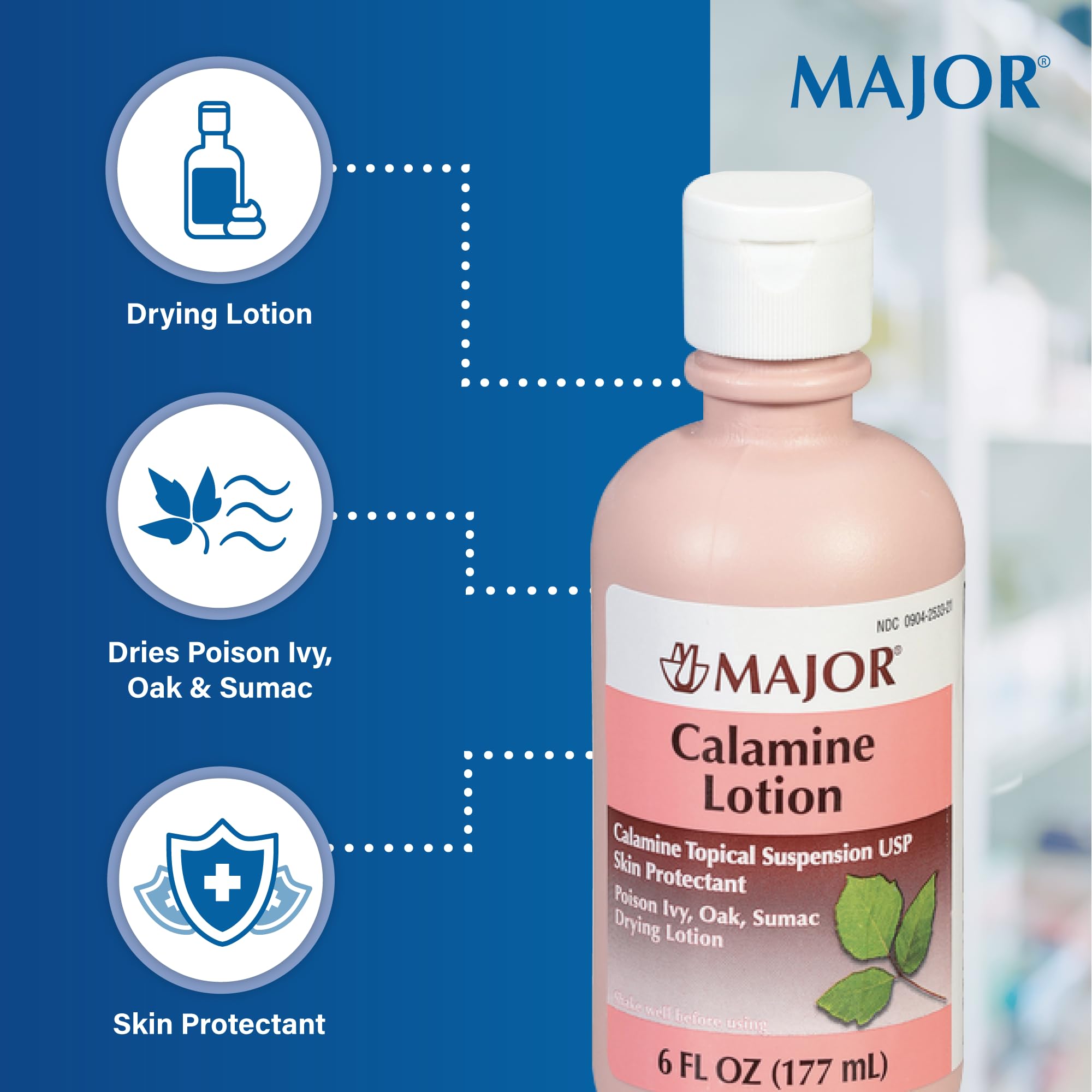 MAJOR Calamine Lotion - USP Certified Skin Protectant for Itch Relief & Poison Ivy - 6 Fl Oz (177 mL) - Soothes Bug Bites, Sunburn & Rashes for Outdoor Activities & Skin Care