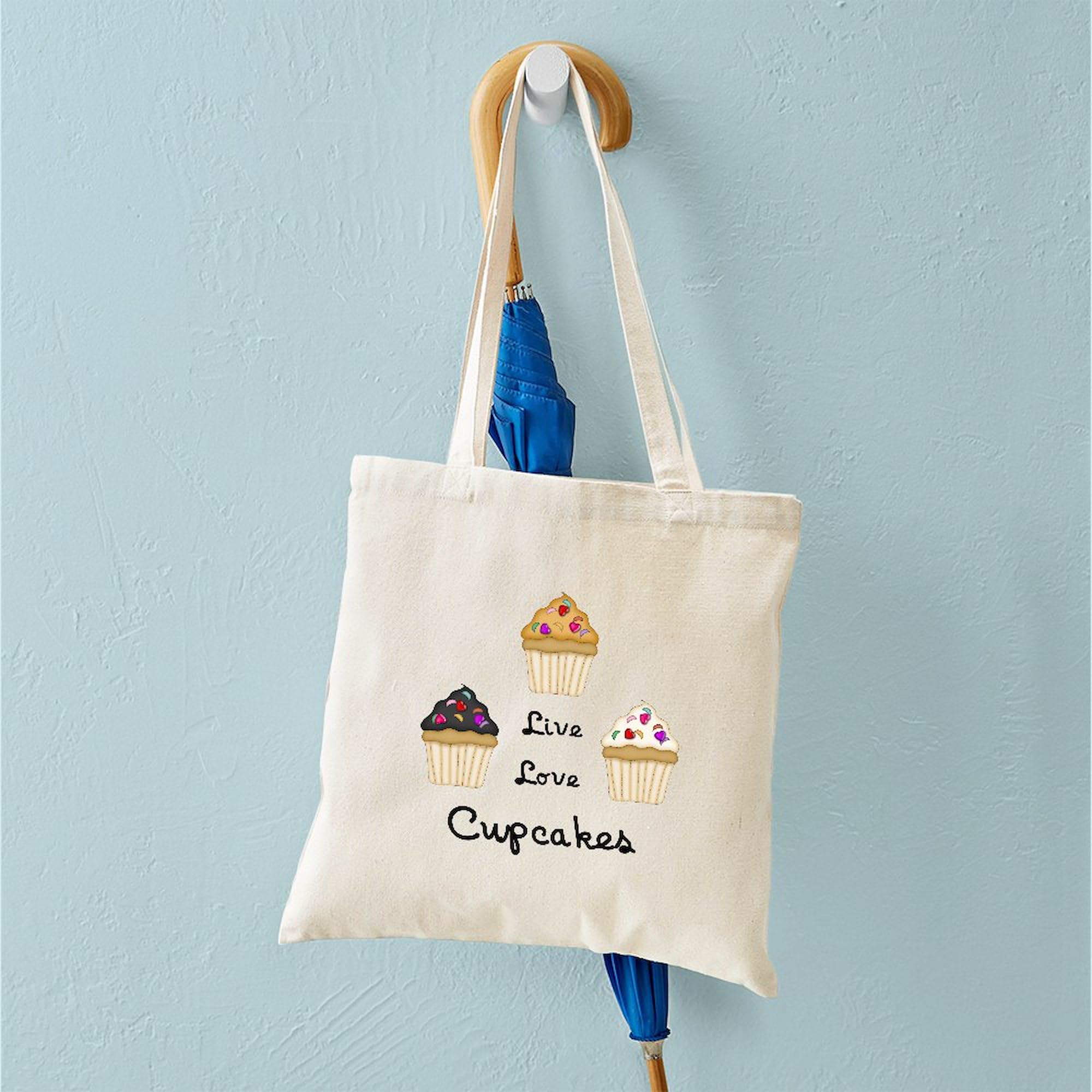 Live Love Cupcakes Natural Canvas Tote Bag - Reusable Grocery Shopping Bag for Women, Eco-Friendly Grocery Haul & Farmers Market Tote