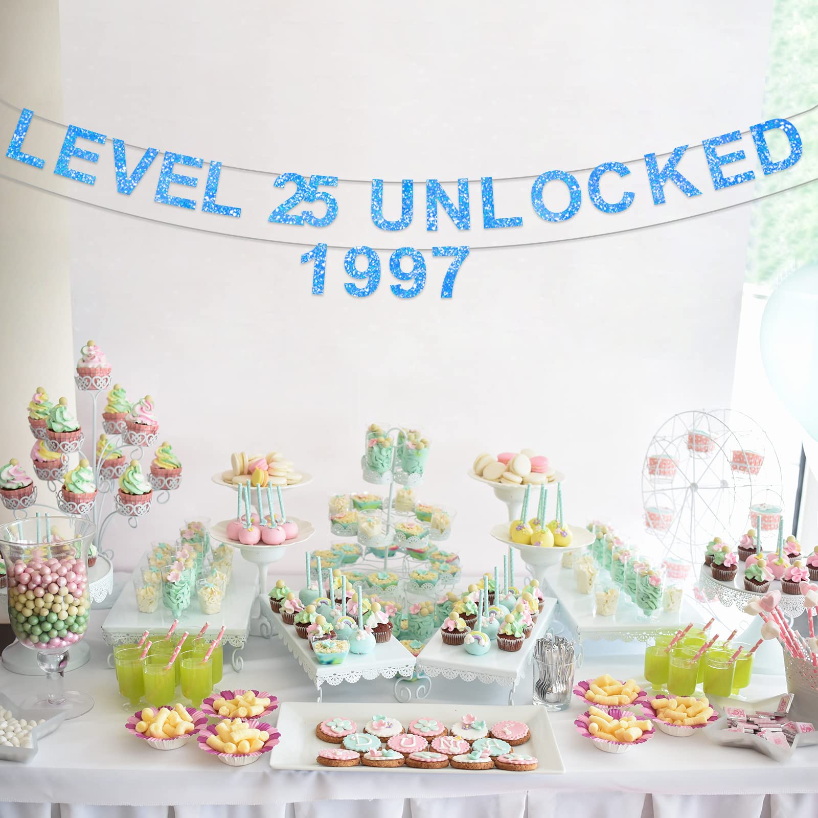 Level 25 Unlocked Glitter Blue Birthday Banner - 25th Anniversary Backdrop for Video Game Themed Parties | Perfect Decor for Men & Women's 25th Birthday, Photo Booth Props & Level Up Celebration Background (1997 Retro Gaming Theme)