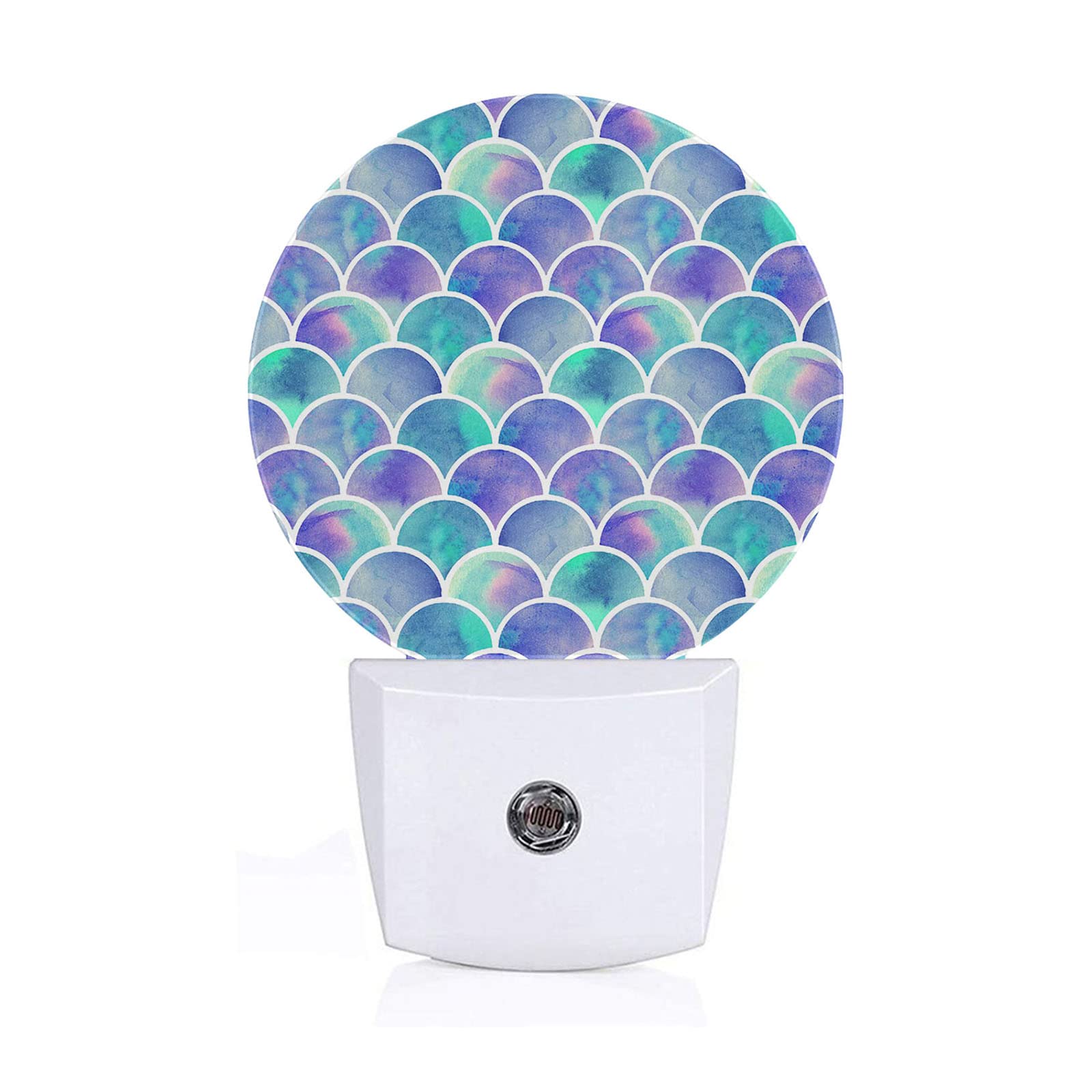 Purple Teal Mermaid Night Light - Auto LED Plug-in Lamp with Watercolor Rainbow Scales & Sequin Design | Energy Saving Round Light for Kids, Boys, Girls, Adults | Perfect for Bedroom, Nursery, Dorm Decor