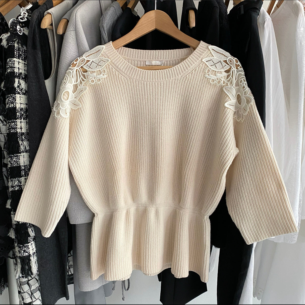Chloe Cream Knit Lace Trim Peplum Sweater for Women - Elegant Lace Detail Pullover Top for Fall & Winter - Perfect for Office, Date Night and Holiday Parties